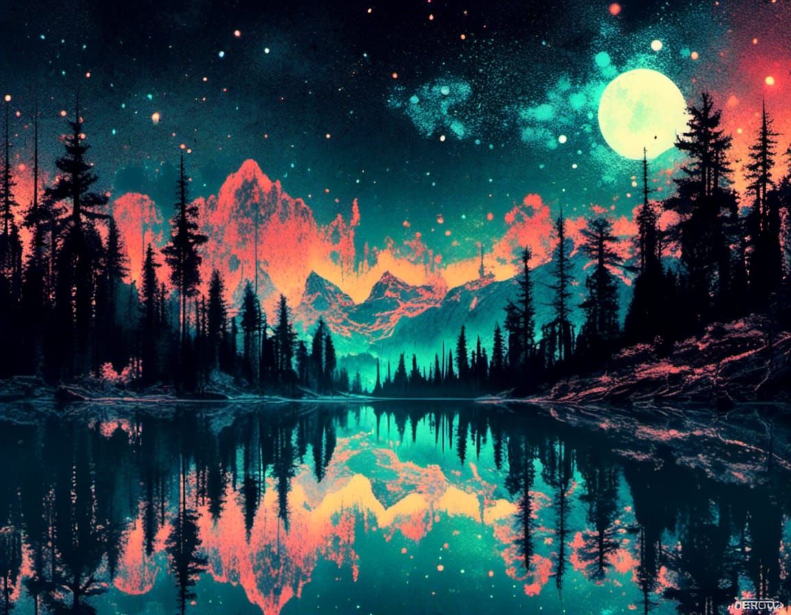 Maximalist Forest Skyline with Cosmic Swirls