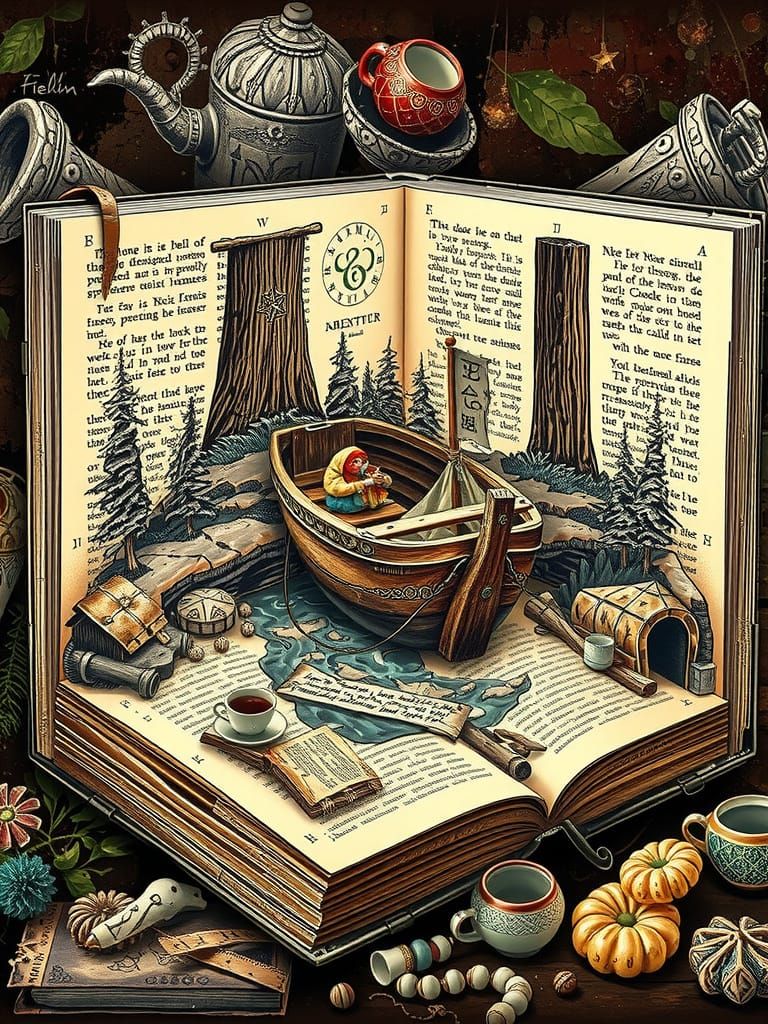 Intricately detailed, vintage-inspired book with worn, crack...