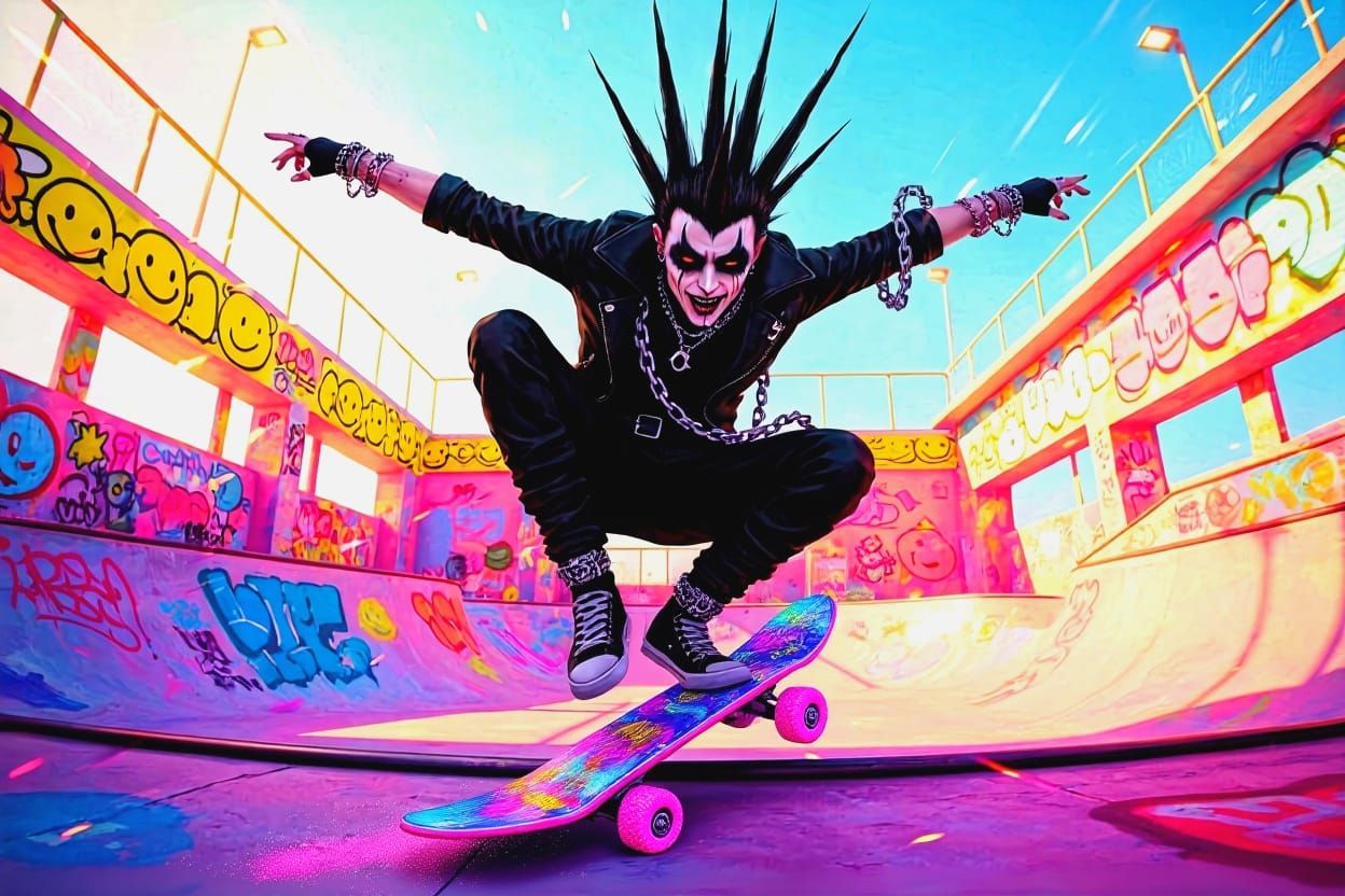 Goth Skater Performs Joyful Rebellion in Pastel Skate Park
