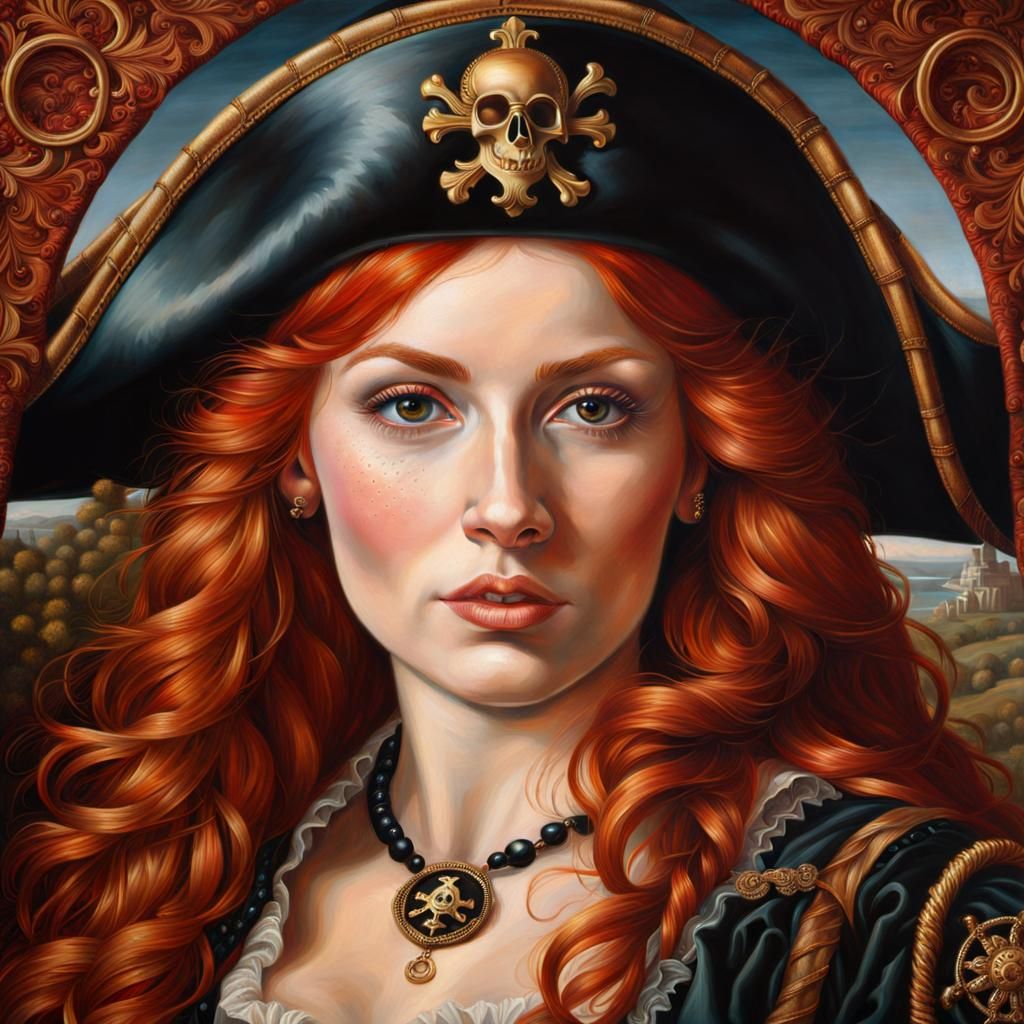 Romantic Oil Portrait of a Red-Haired Pirate Queen