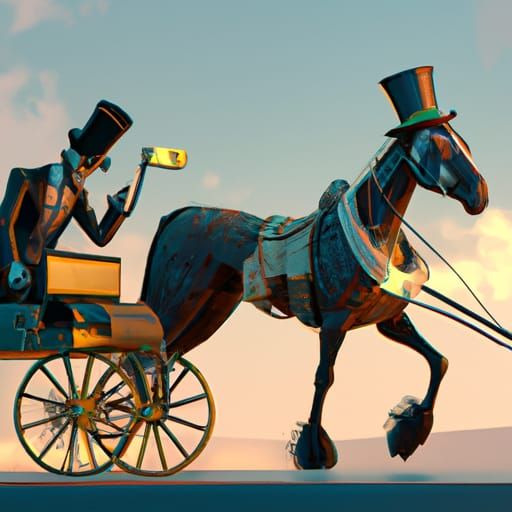 Steampunk Android in Cart Pulled by Robot Horse