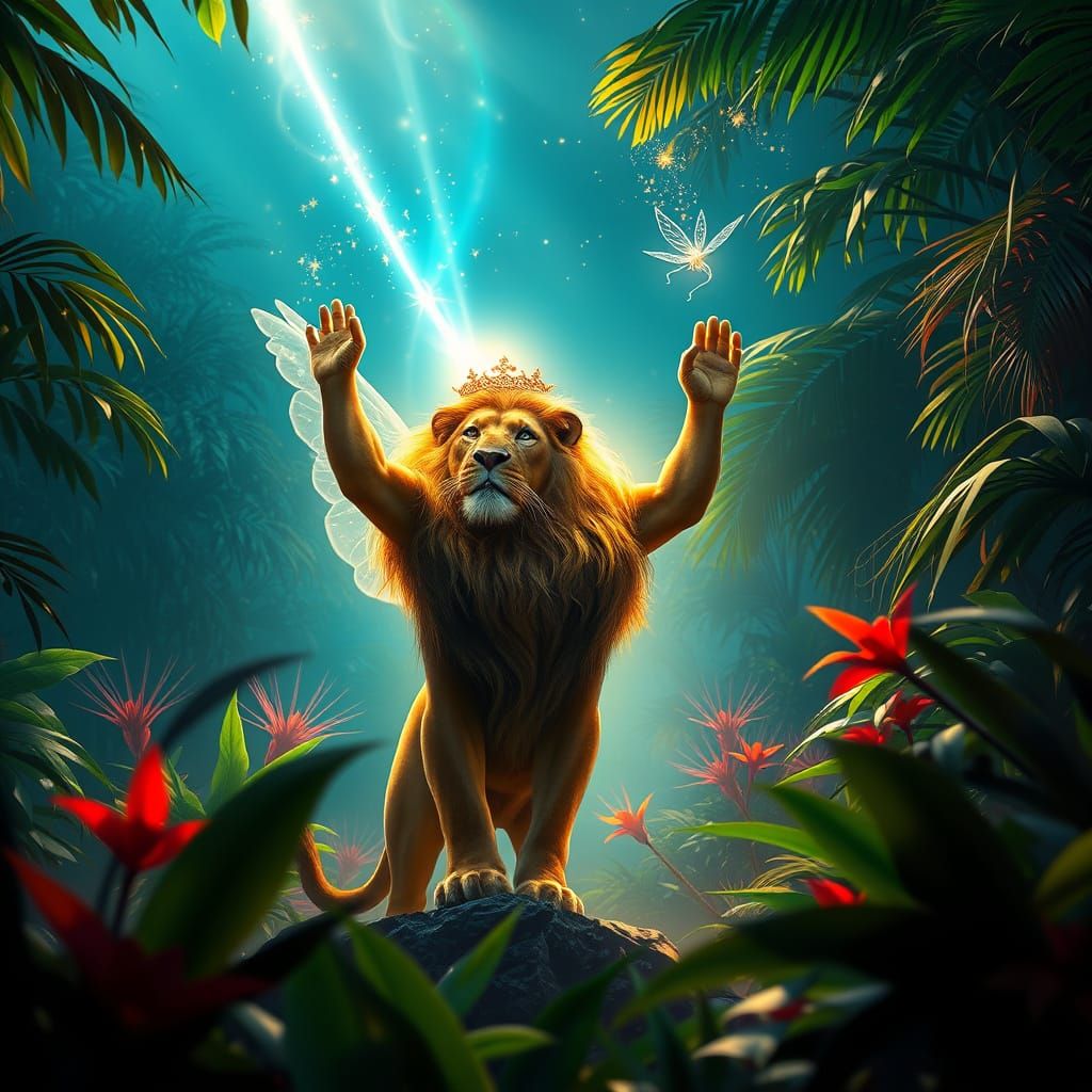 Regal Lion Savior in Vibrant Jungle with Celestial Light