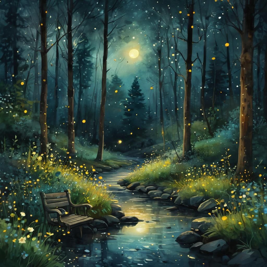 Enchanted Forest Bench in Digital Watercolor