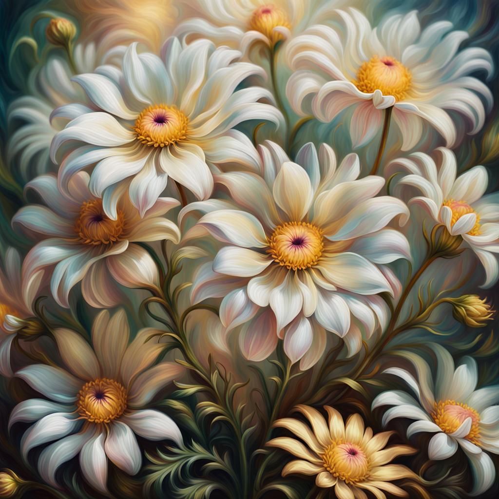 Multi-Headed Daisies in Flemish Baroque Oil Painting