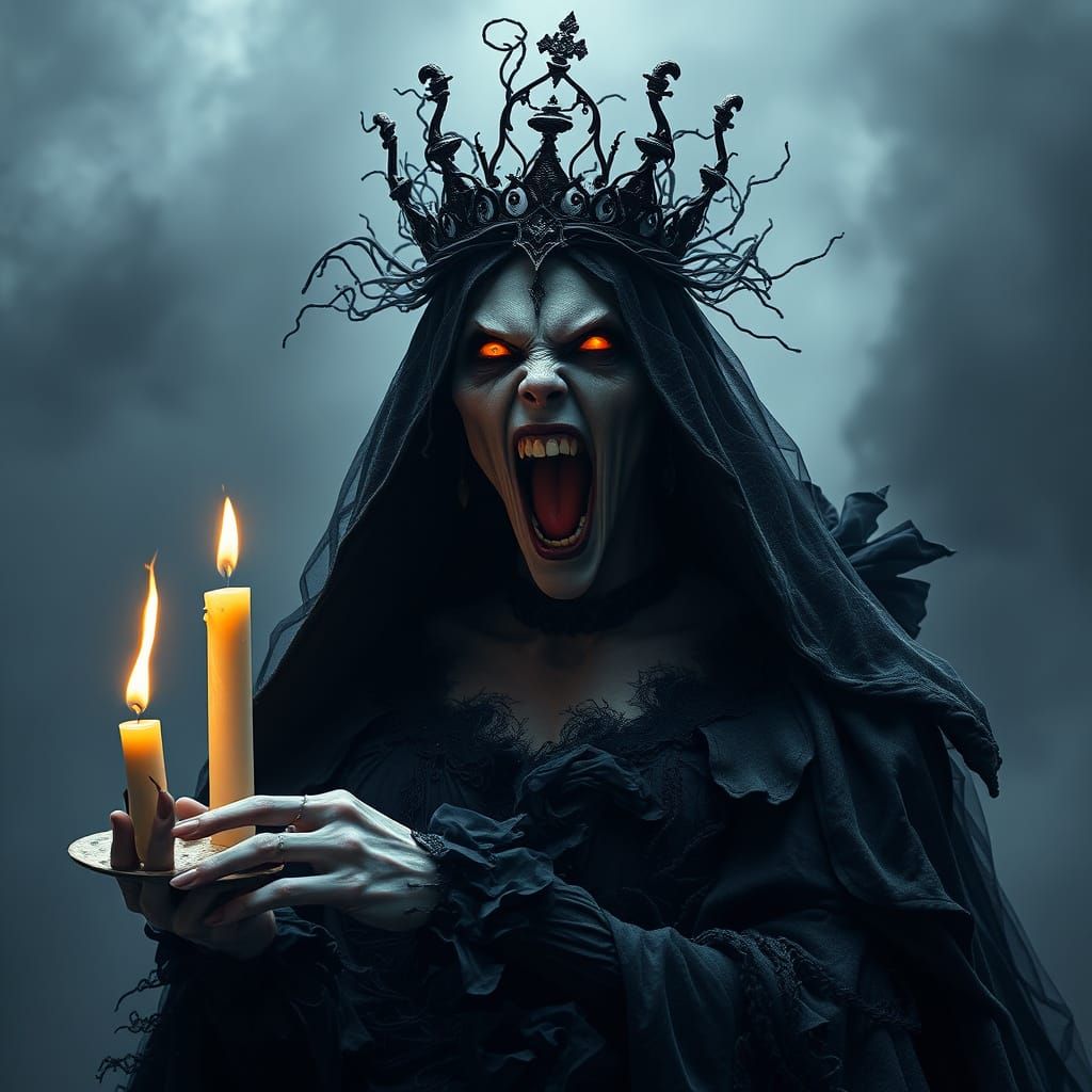 Ethereal Vampire Queen Screams in Unholy Rage, Holding a Fli...
