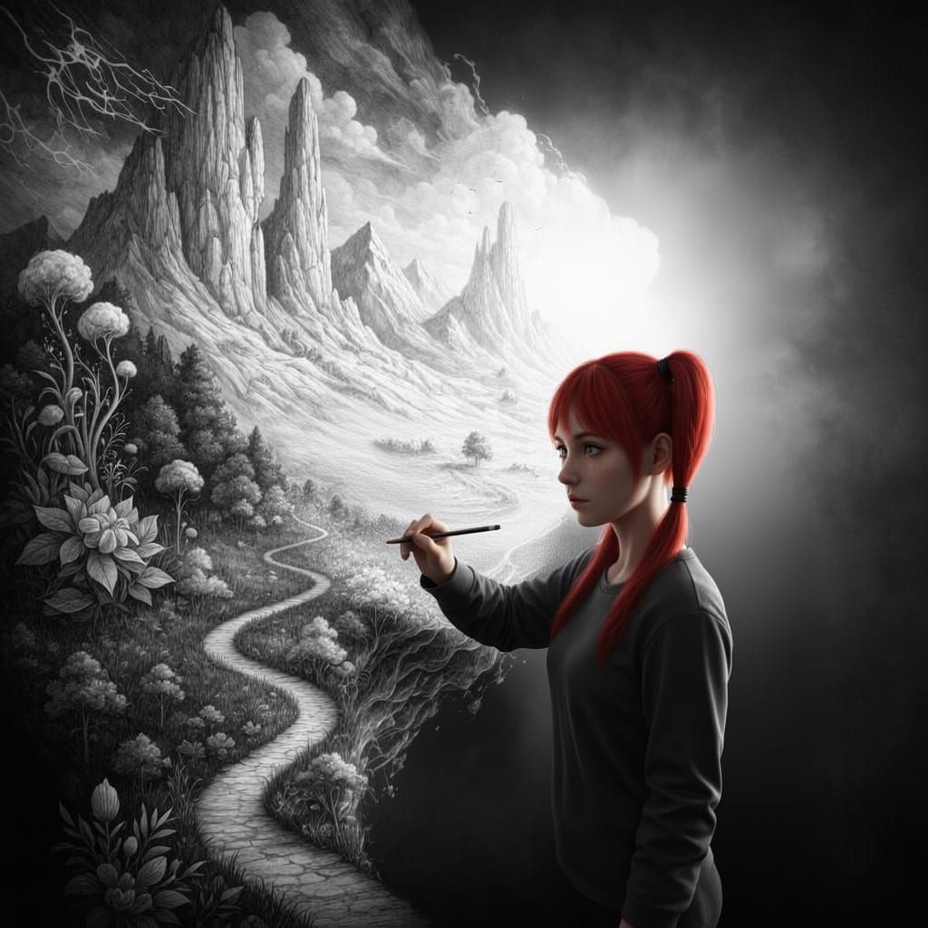 Redheaded Woman Draws Fantasy World with Pencil