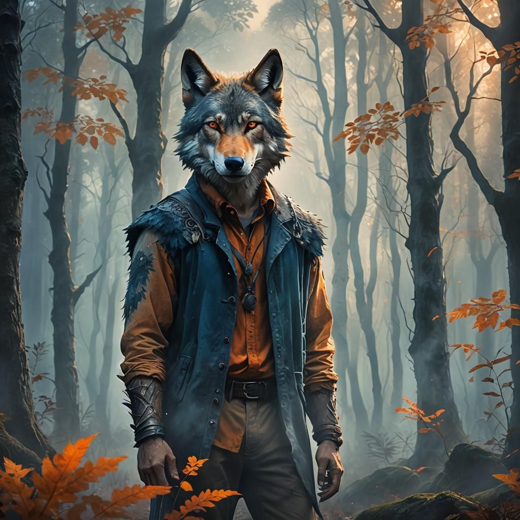 Mystical Wolf-Man in Misty Forest: Fantasy Concept Art