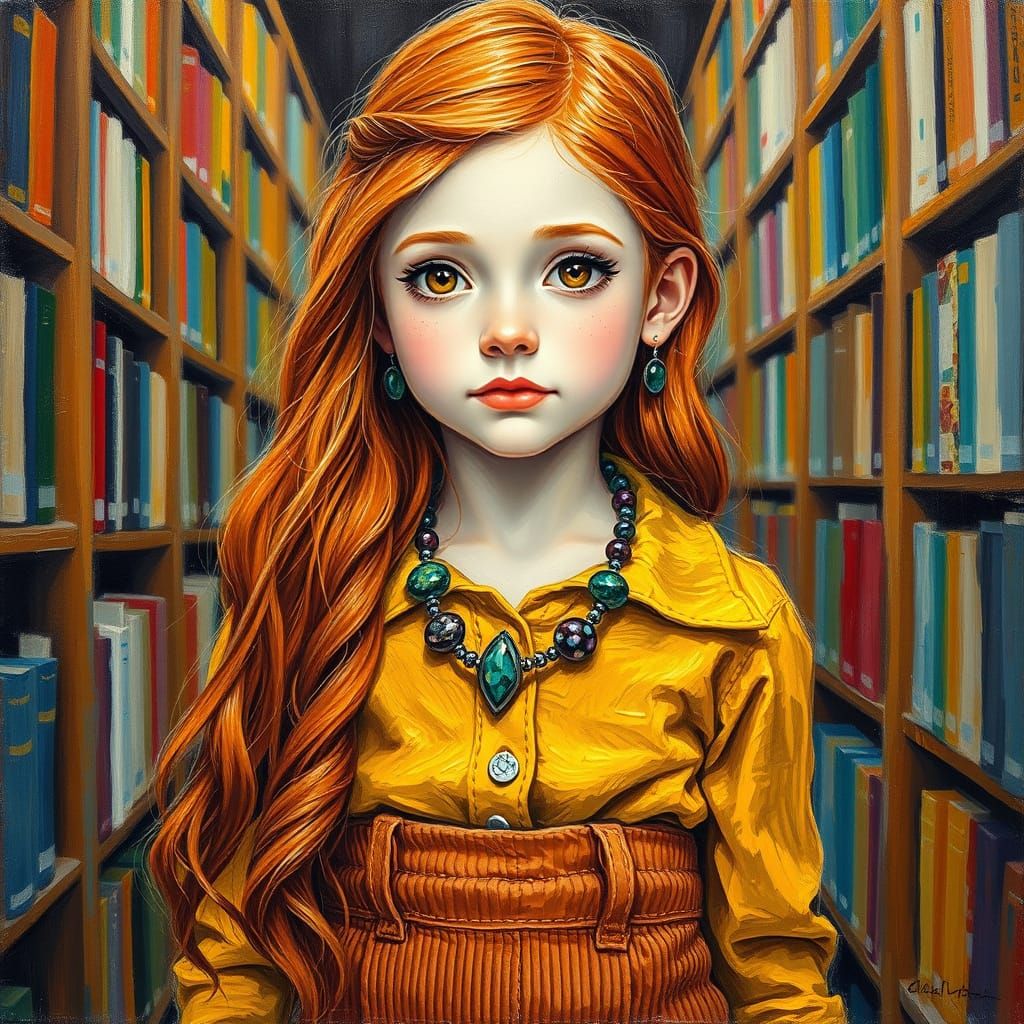 Girl in Library, Neo-Impressionist Oil Painting