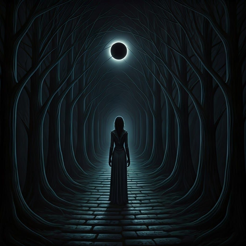 Mystical Woman Beckons on Twisted Pathway