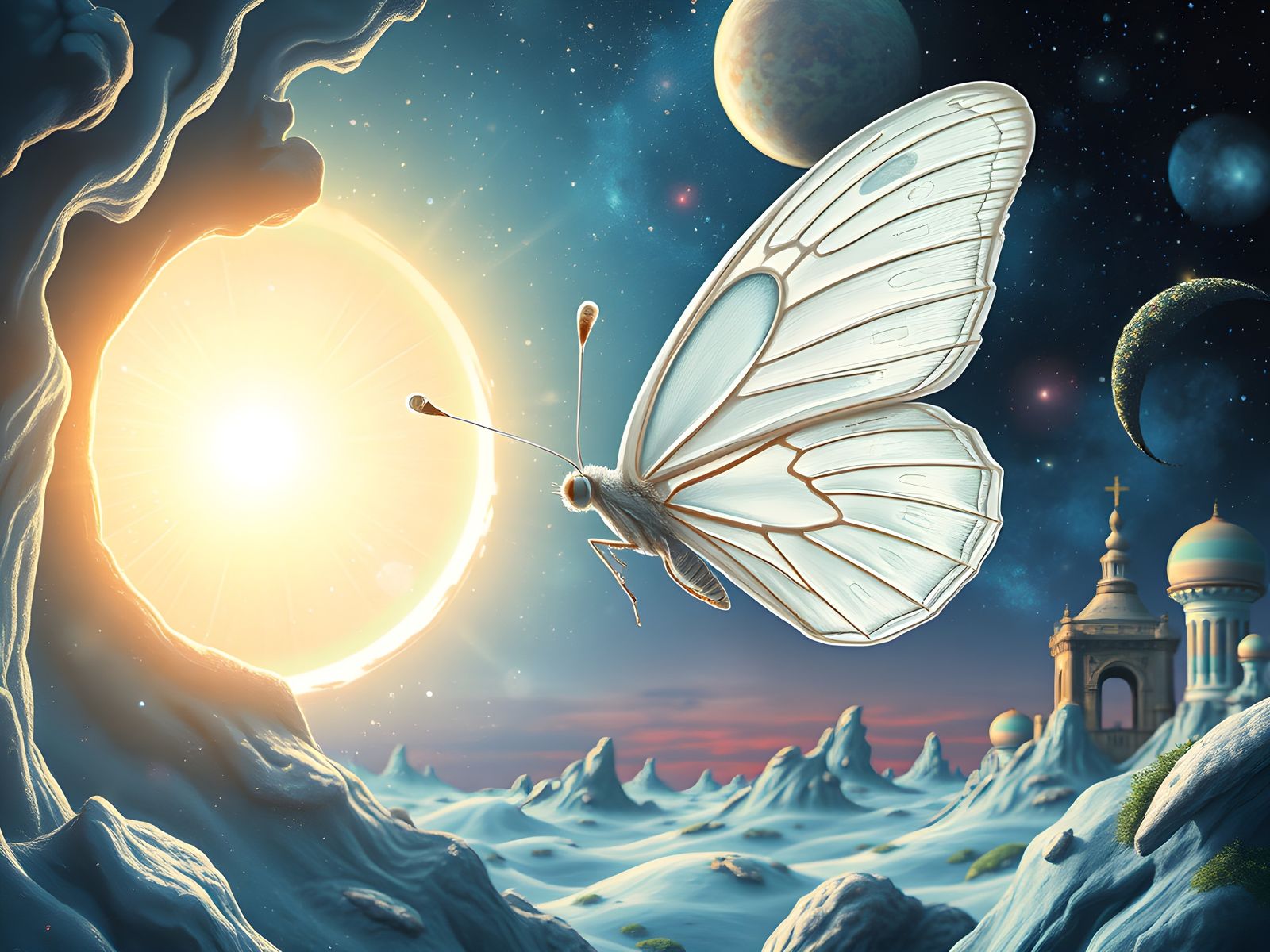 White Butterfly Flies Through Cosmic Window Dali-Style