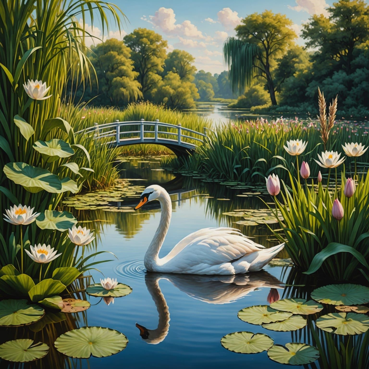 Swans on Lake with Waterlilies: Hyperrealistic Splash Art