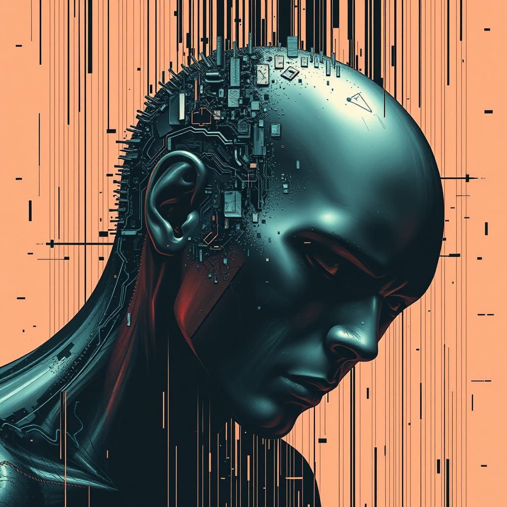 Recursive Head Devouring Reflection Amid Glitch Static