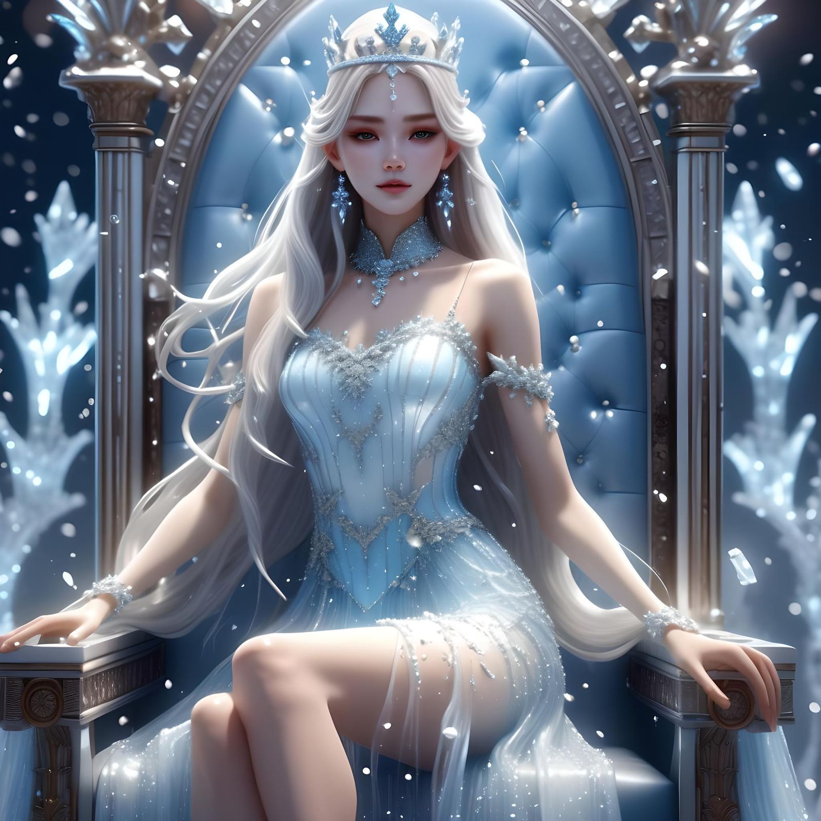 Ice Goddess on Throne: Detailed 3D Anime Art