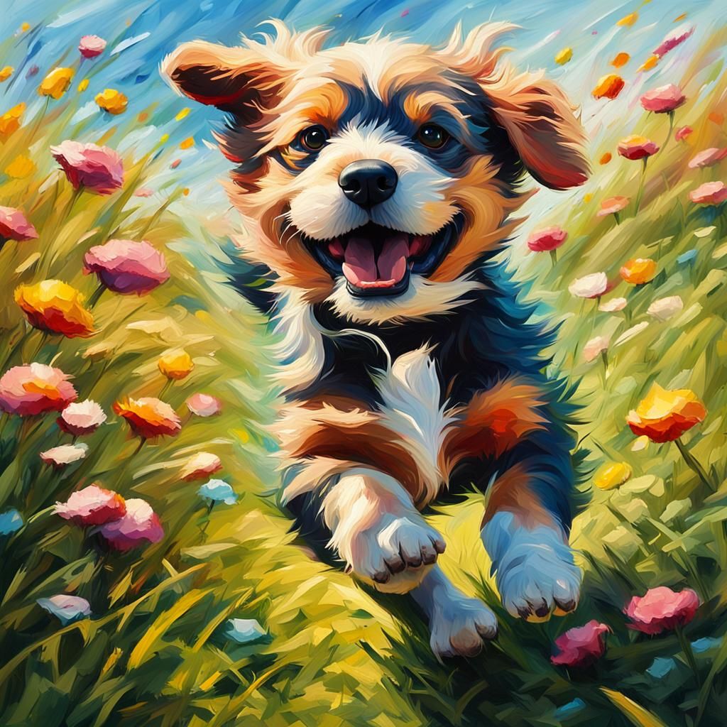 Happy Puppy Running: Impasto Oil Painting