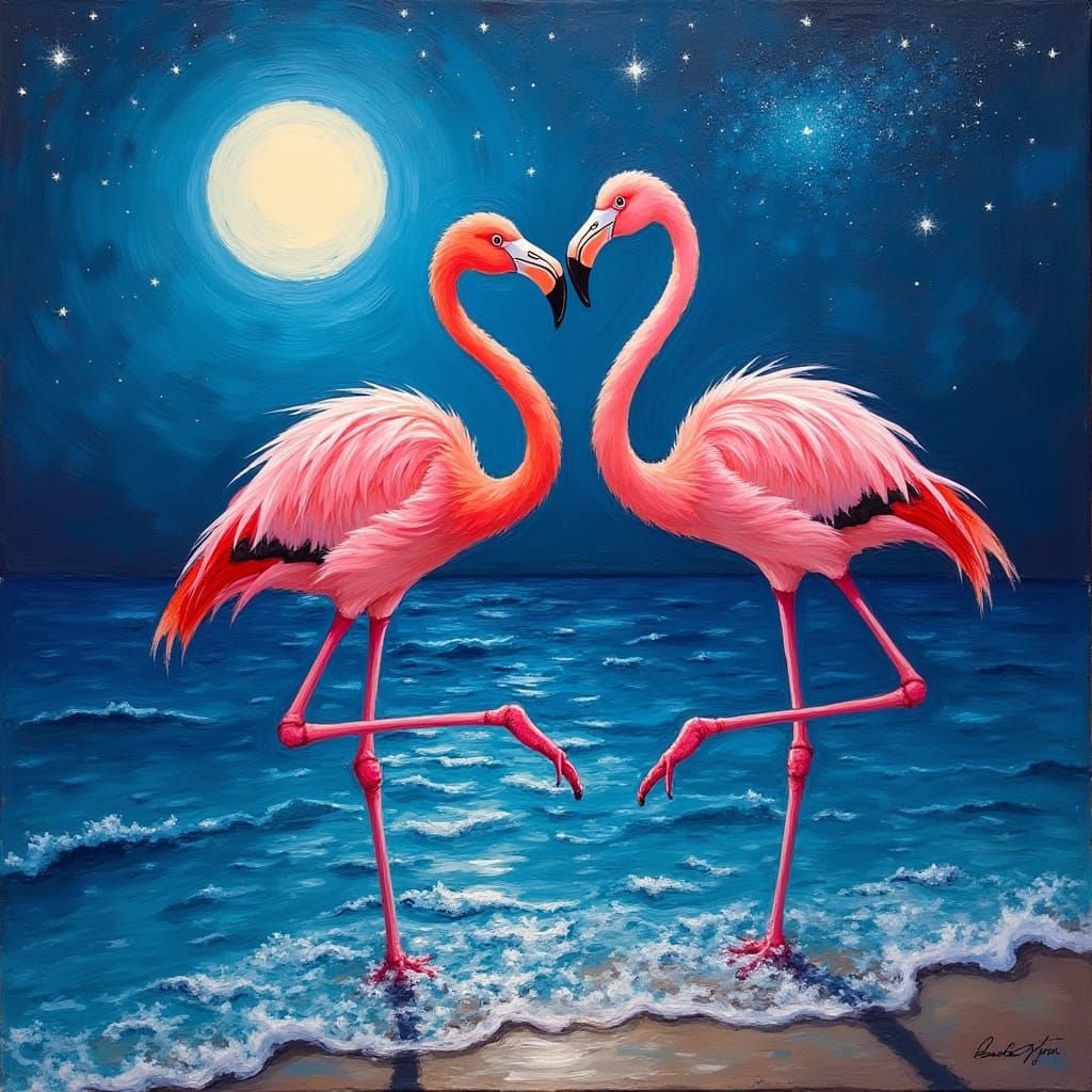 Flamingos Dancing Under Full Moon Oil Painting