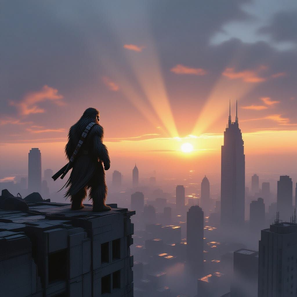 Weathered Wookiee Surveys Ash-Covered City in Twilight