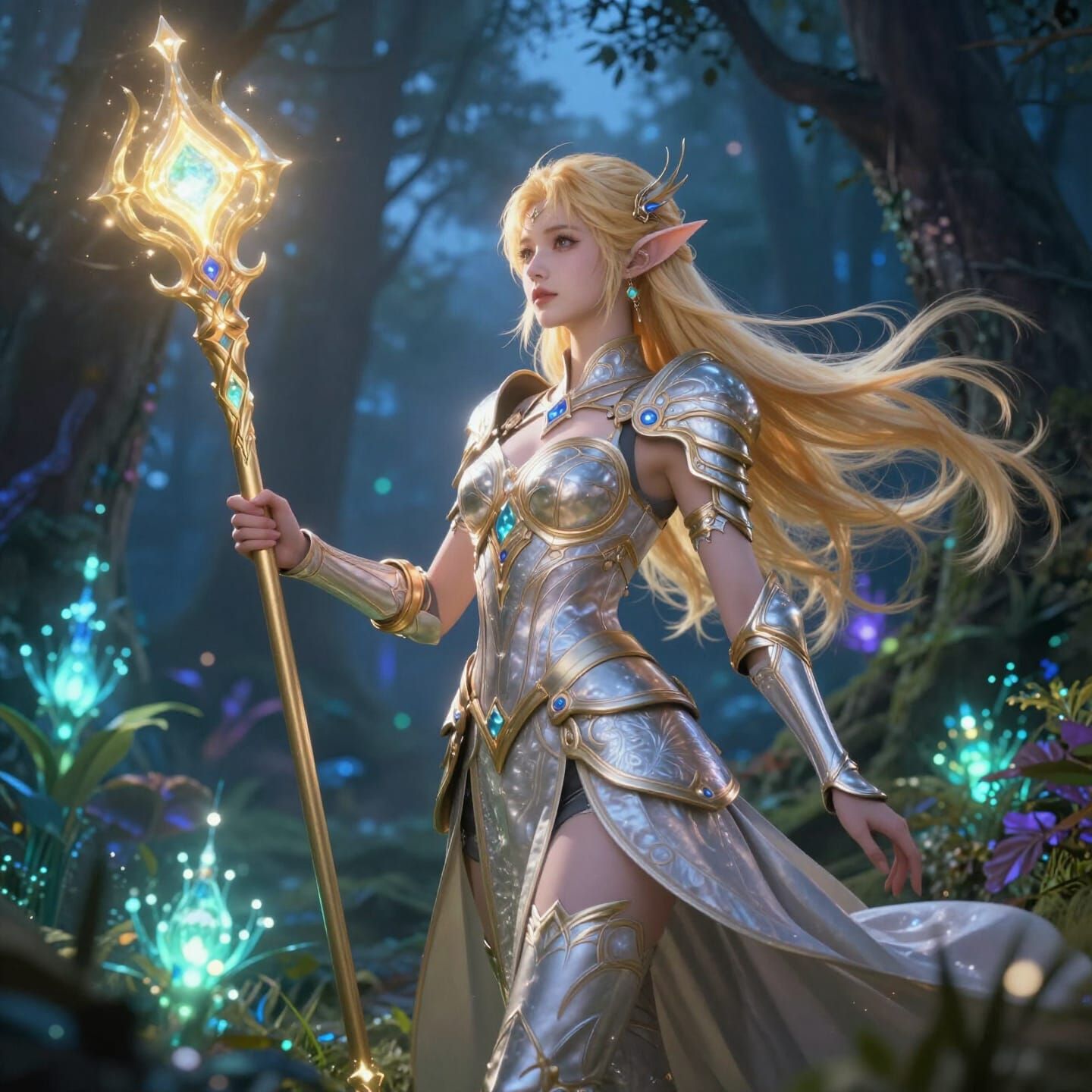 Elf Maiden Overlooks Bioluminescent Forest in Fantasy Art