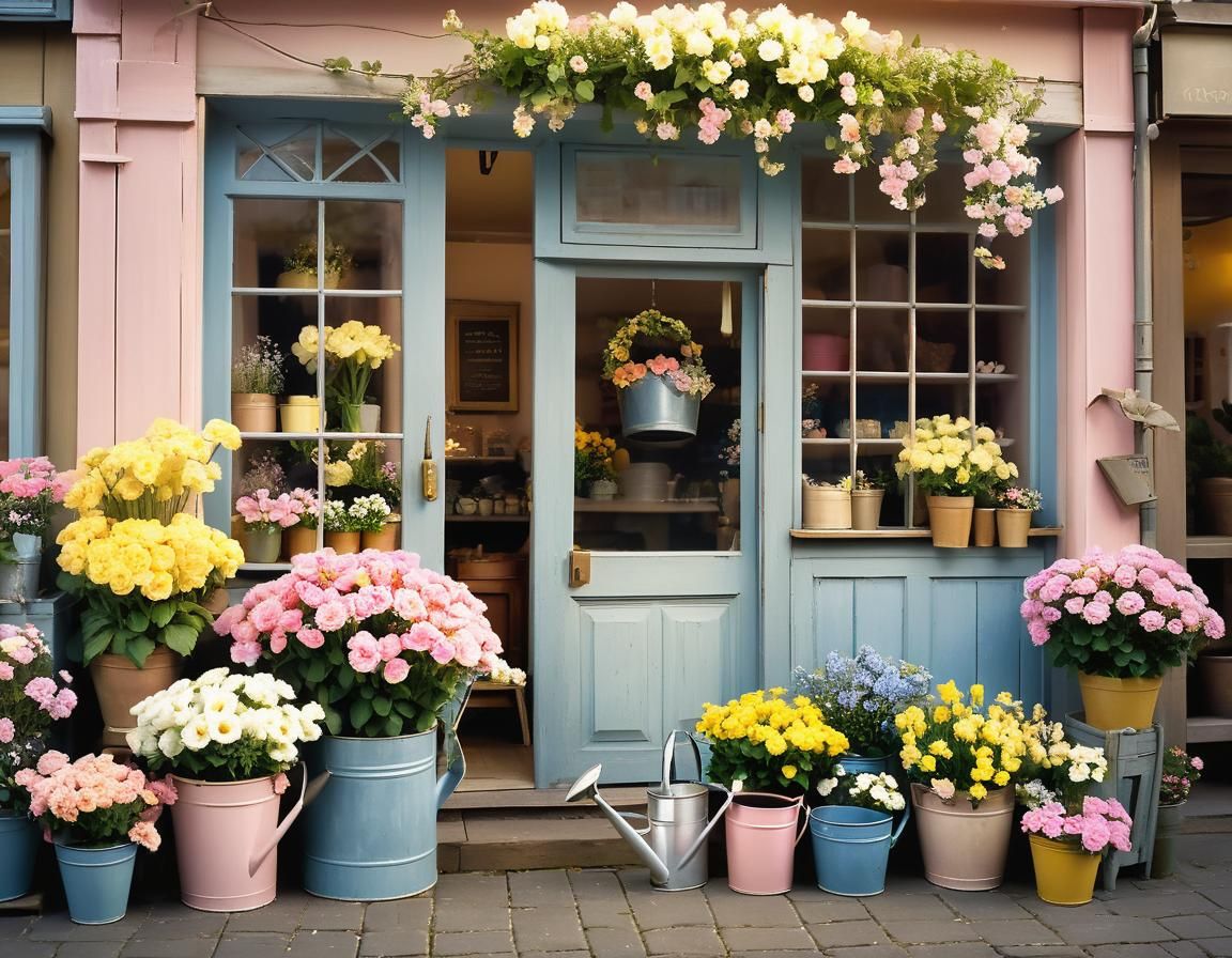 Warm Impressionist Flower Shop Entrance with Blooming Deligh...