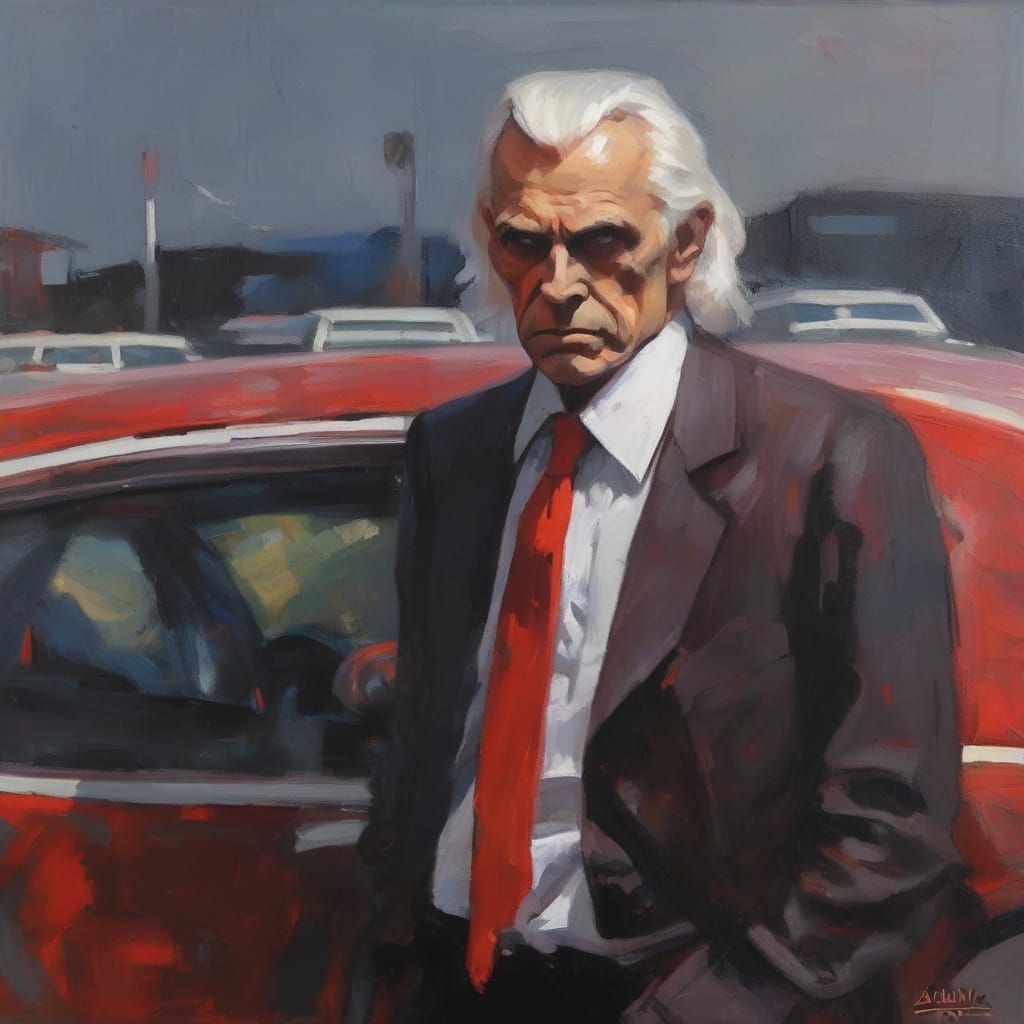 Vampire Used Car Salesman in a 1960s Oil Painting