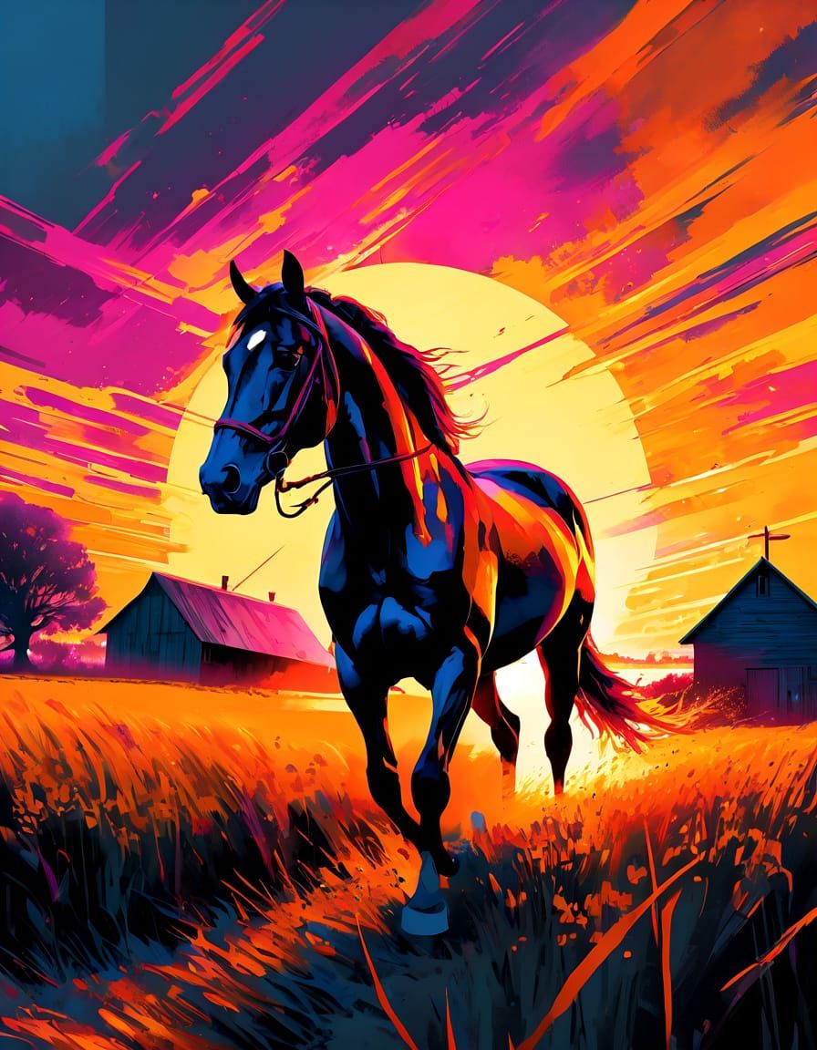 Horse Grazing at Sunset in Comic Book Style
