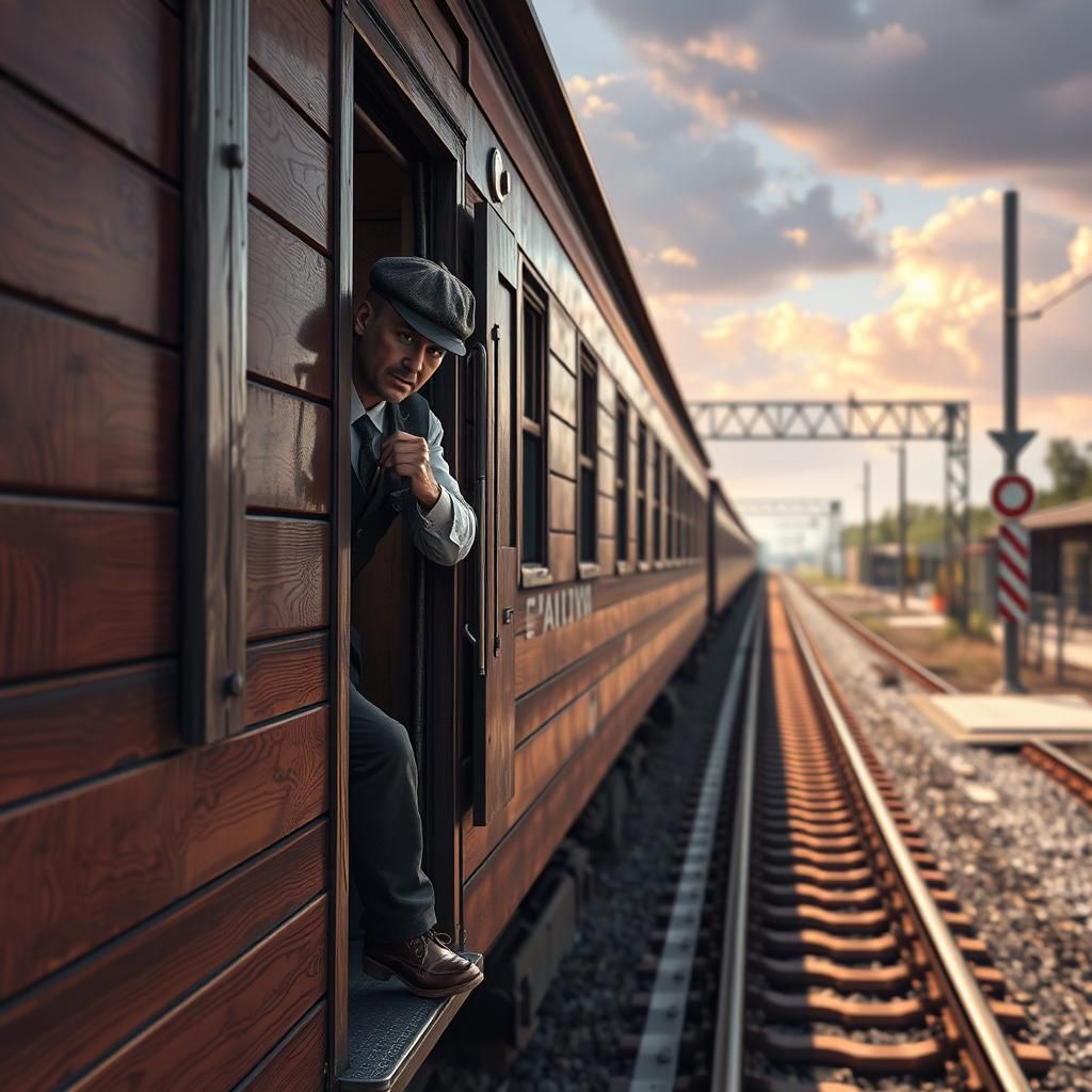 Antique Wooden Train and Conductor in Matte Painting Style