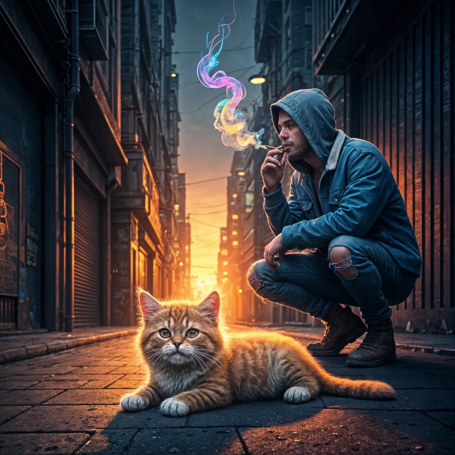 Manul Kitten in Cyberpunk City Sunset