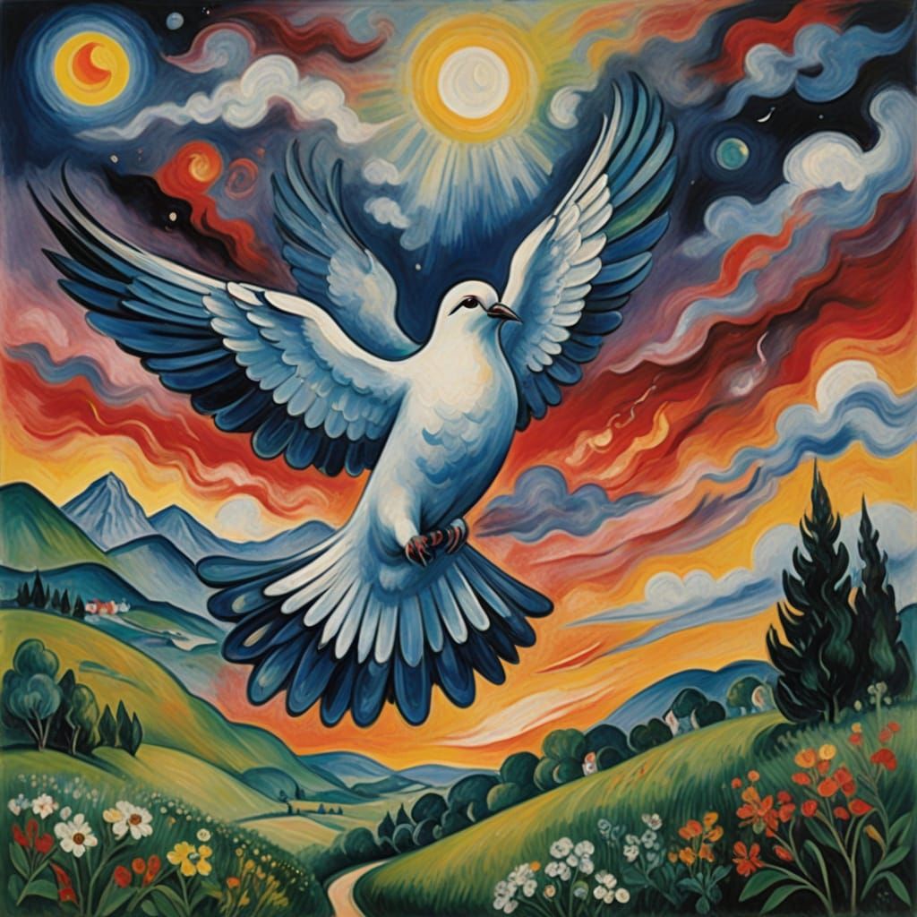 Surreal Dove in Turbulent Skies with Expressive Brushstrokes
