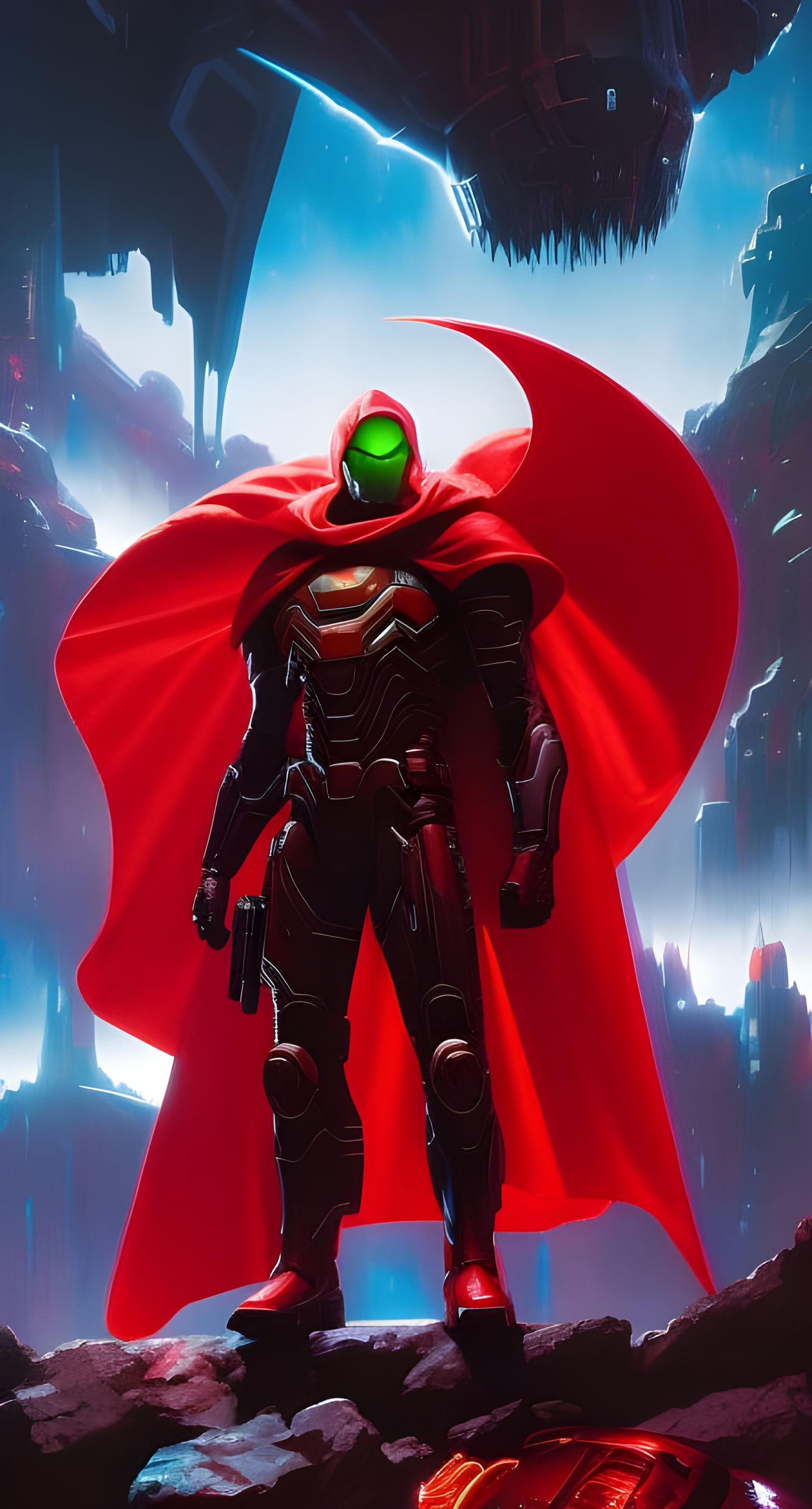 Dystopian Future Figure in Red Cloak