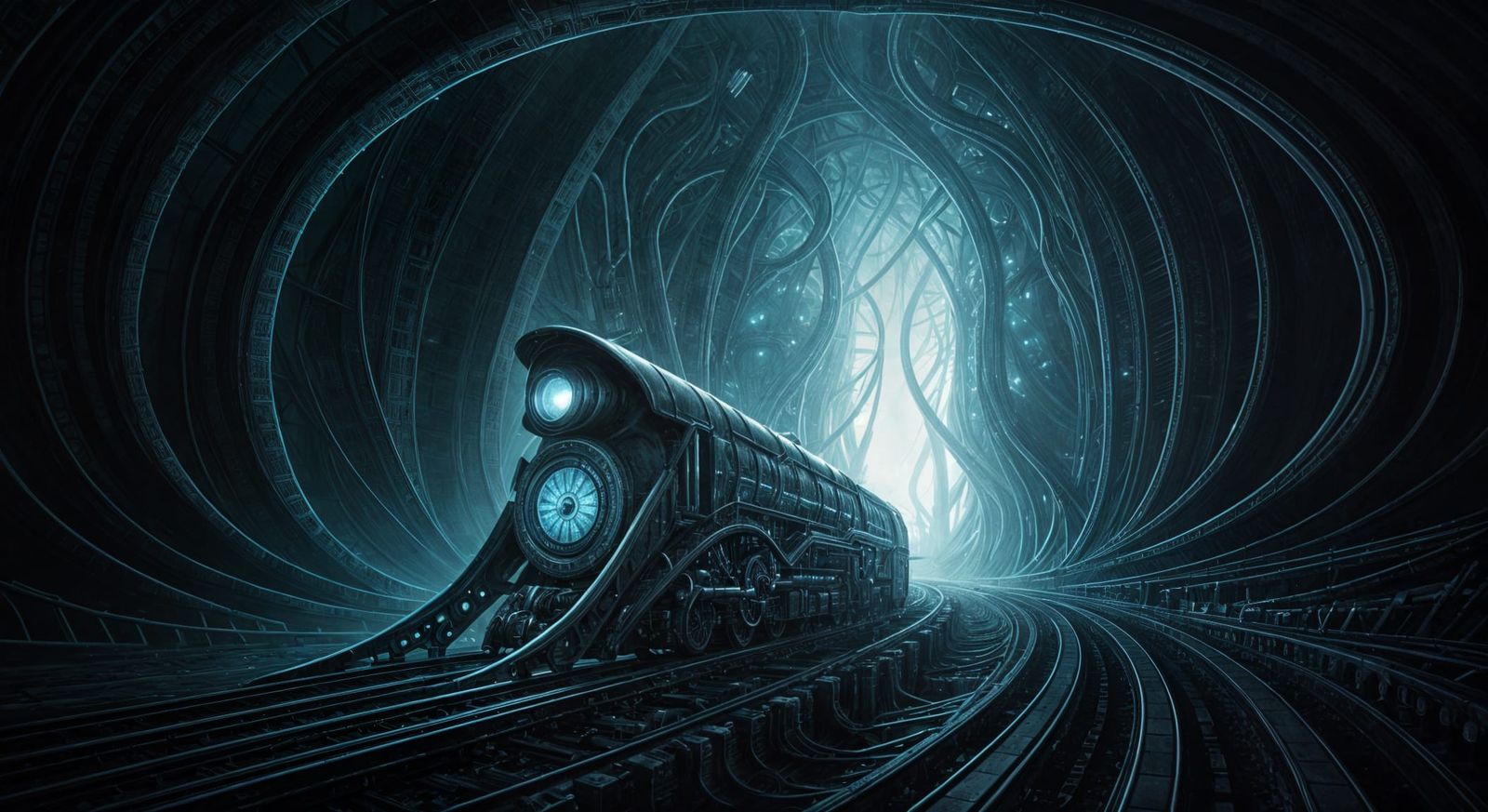 Bio-Mechanical Alien Train Enters Futuristic Station