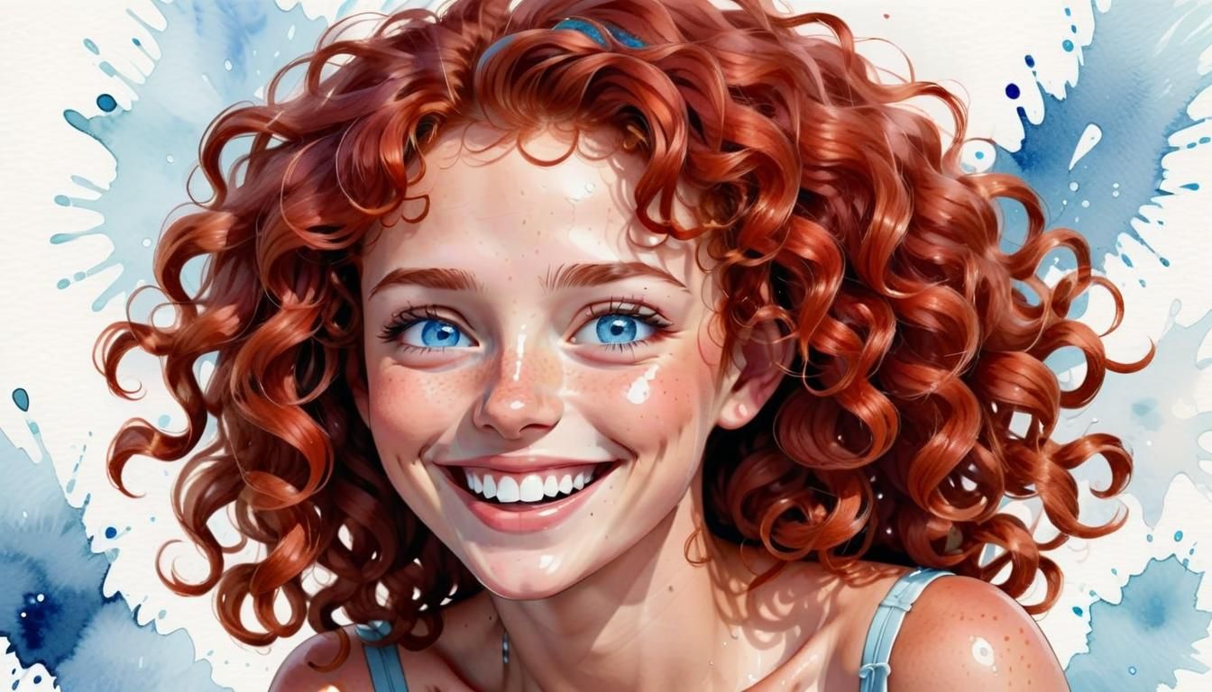 Laughing Woman with Red Hair in Watercolor Style