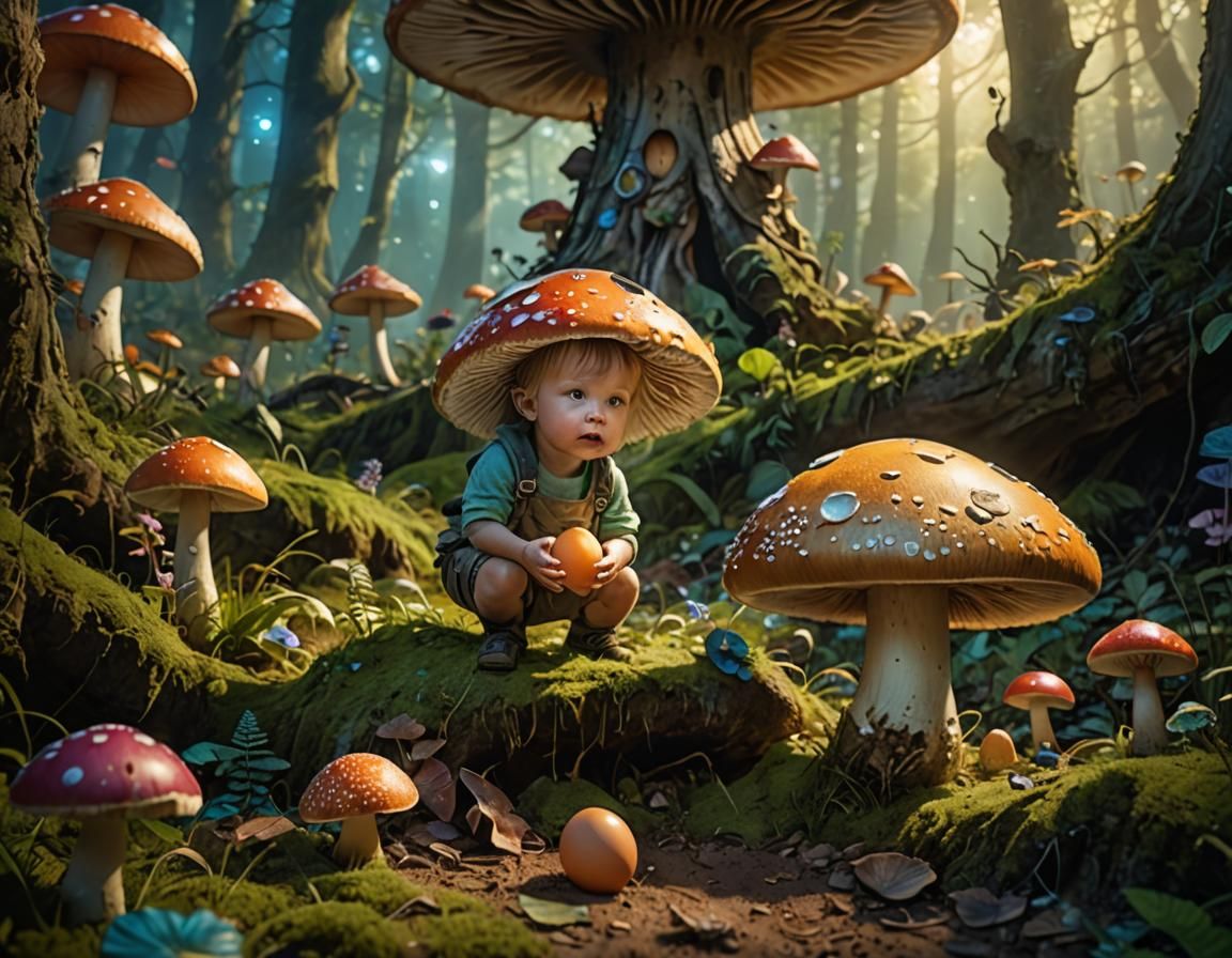 Toddler Finds Egg in Whimsical Fantasy Mushroom Scene