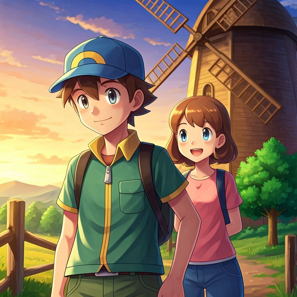 Pokémon Trainers Visit Windmill at Sunset, Painterly Style