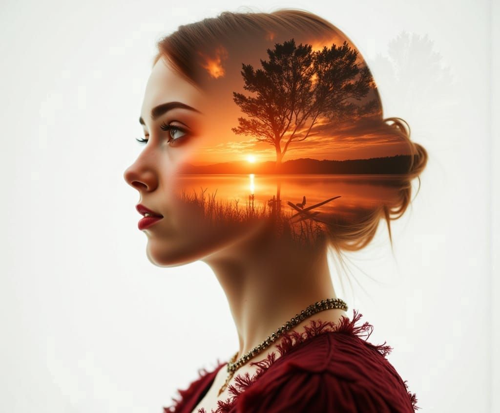 Emo Victorian Woman Double Exposed with Sunrise