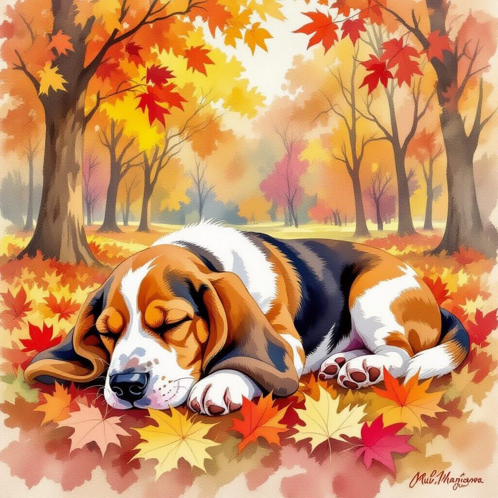 Basset Hound Sleeping in Autumn Park Watercolor Painting