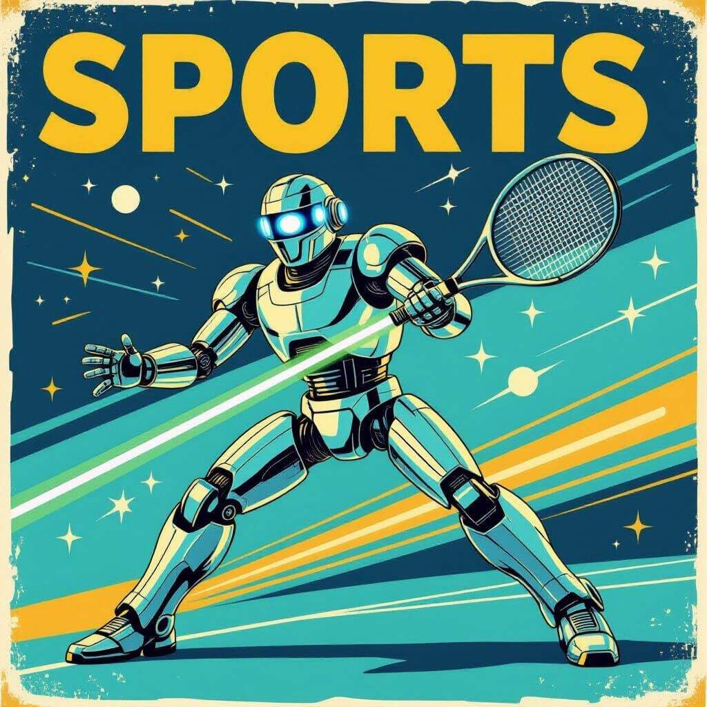 Retro Robot Plays Tennis with Laser Racket Poster