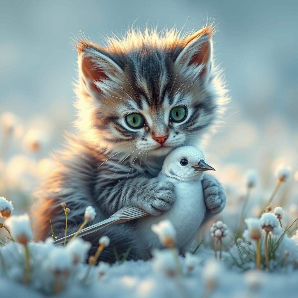 Snowy Serenity: A Tiny Kitten with a Delicate Bird, in Whims...
