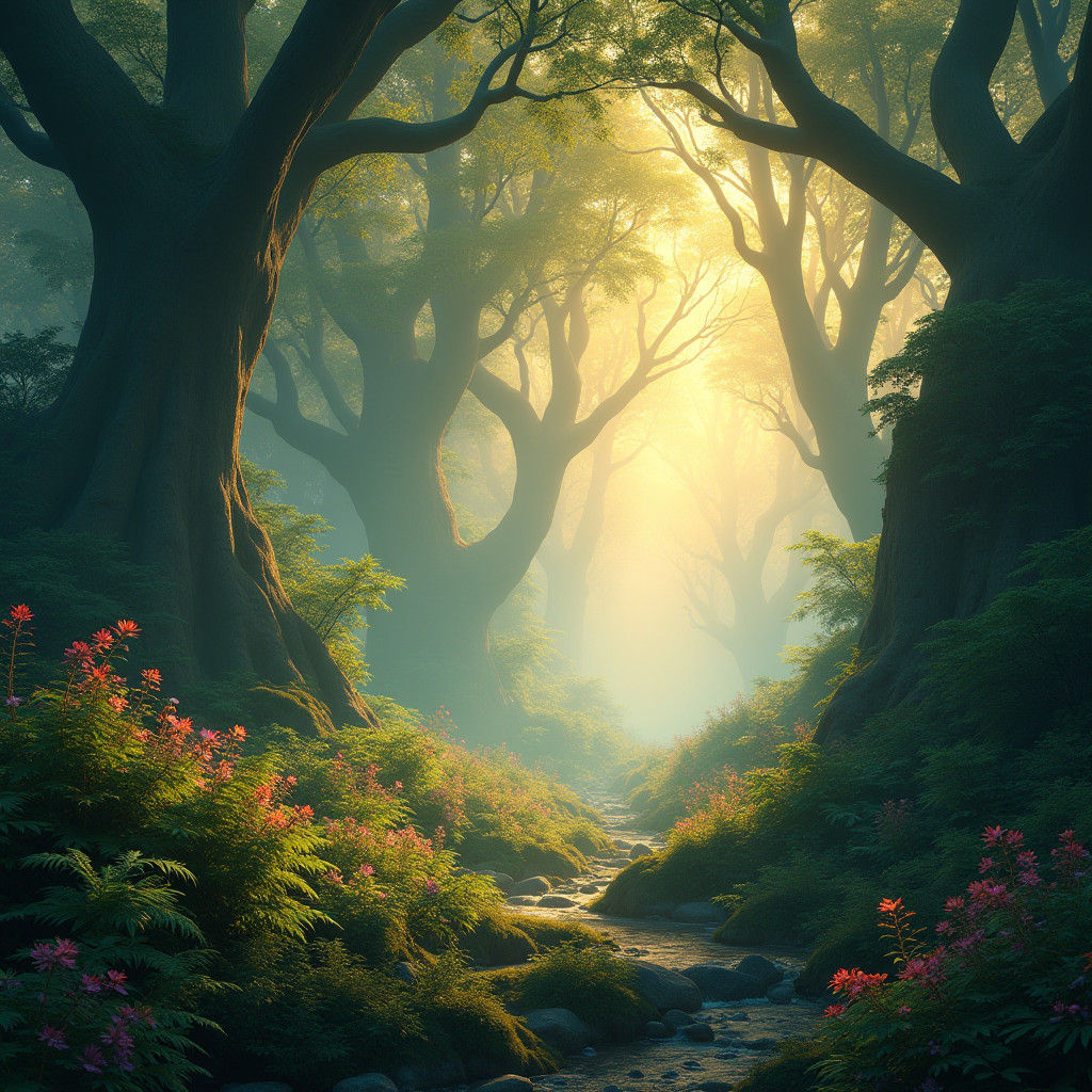 Mystical Forest Realm in Golden Light