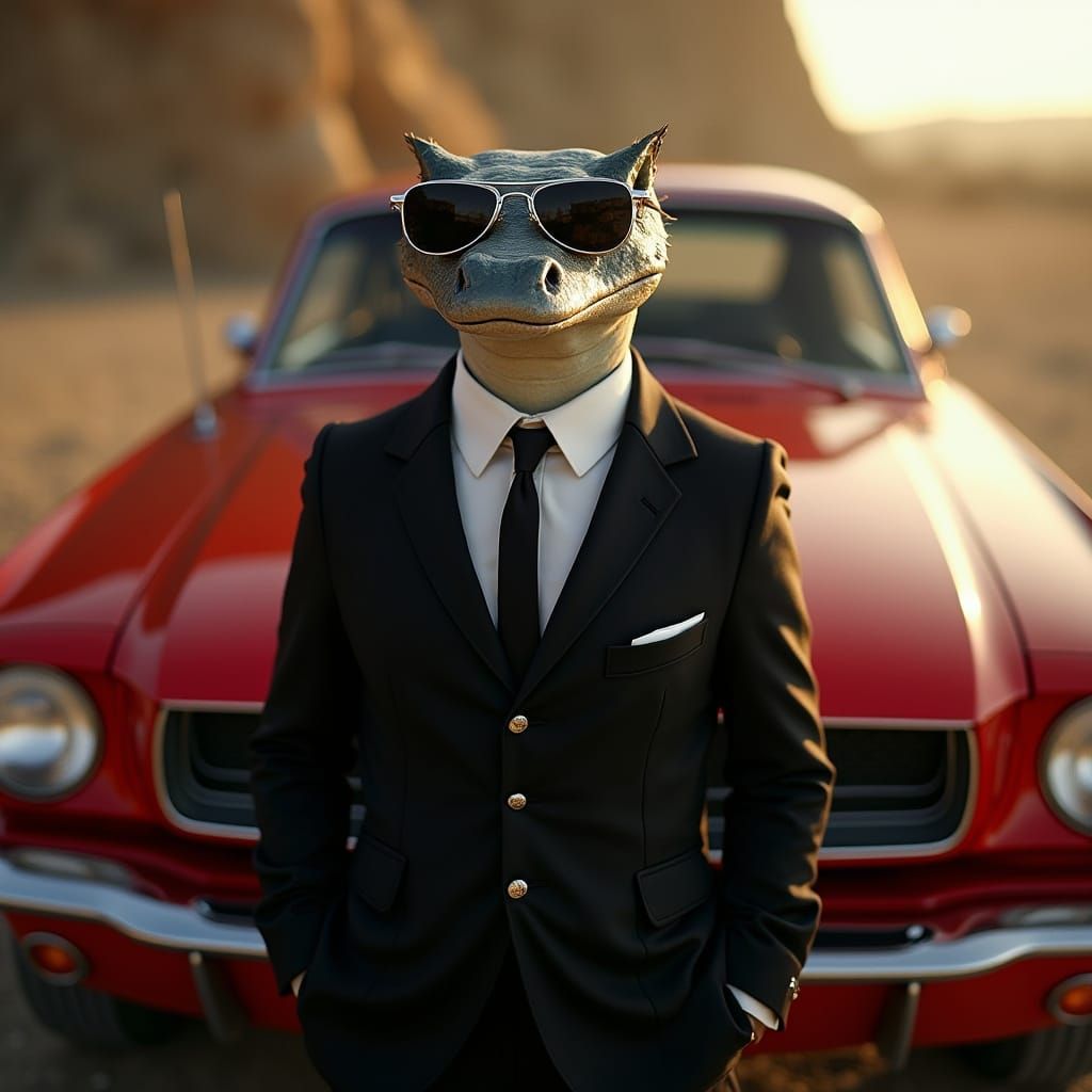 Axolotl in Futuristic Noir Suit Standing Beside Vintage Must...