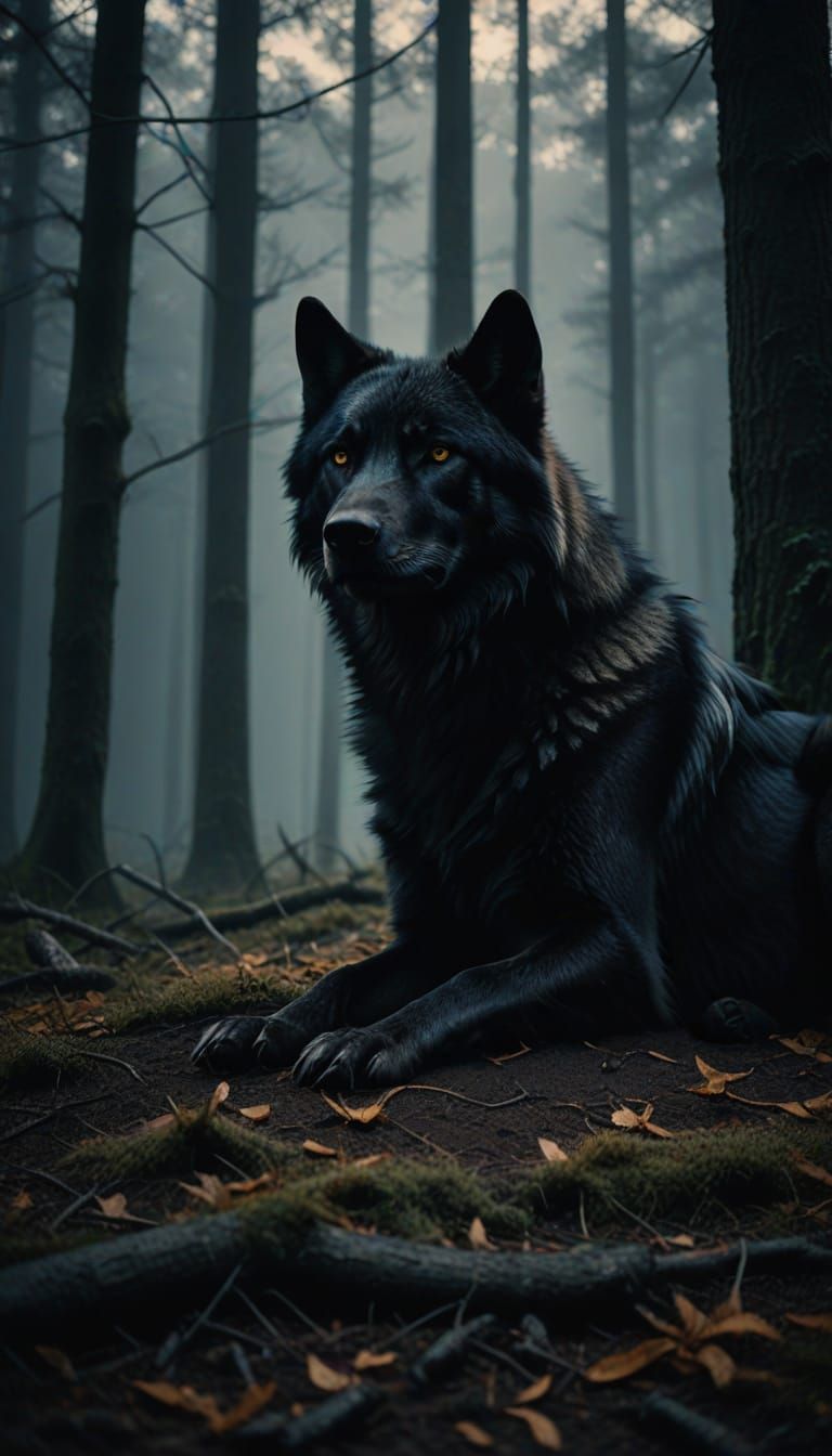 Moonlit Wolf on a Misty Forest Floor