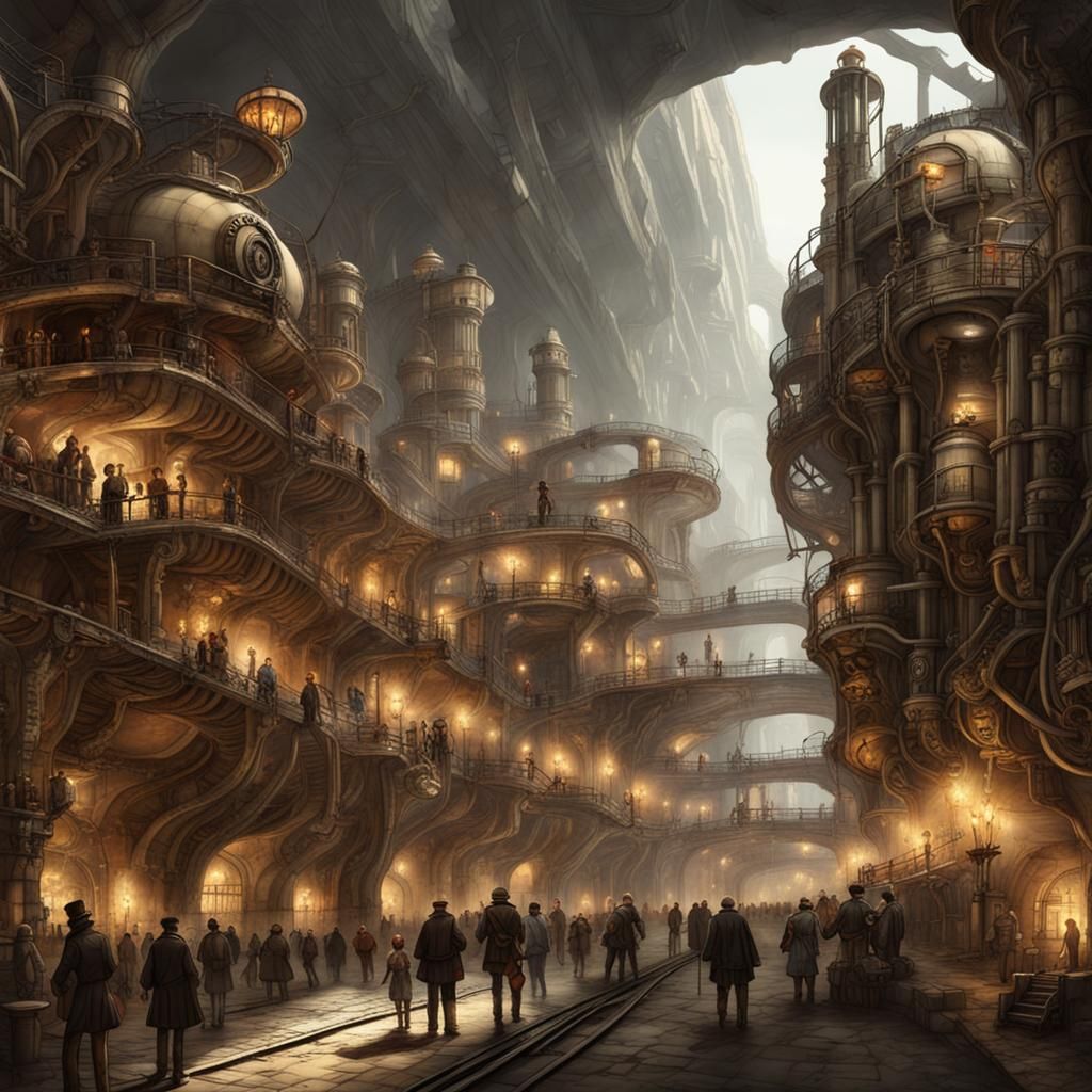 Steampunk Underground City with Engine