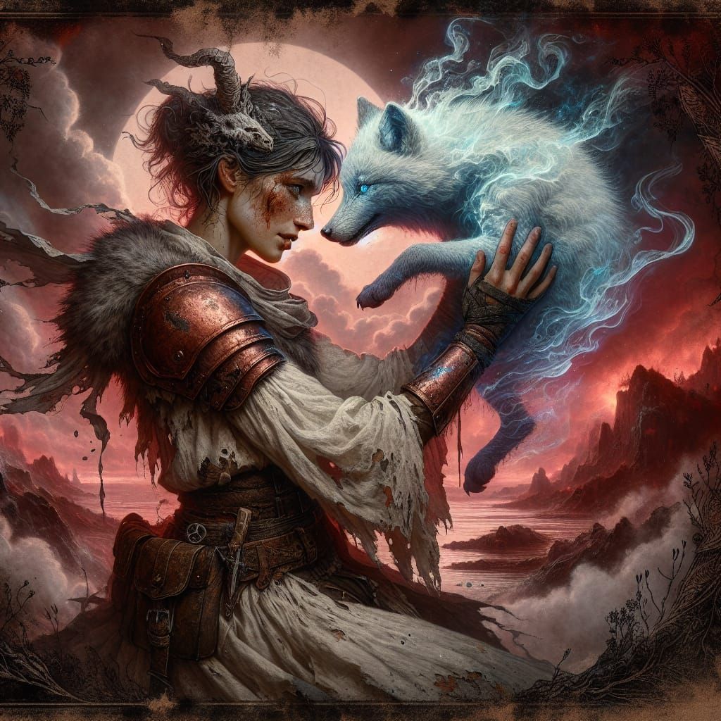 Warrior and Spectral Wolf Cub in Ethereal Landscape