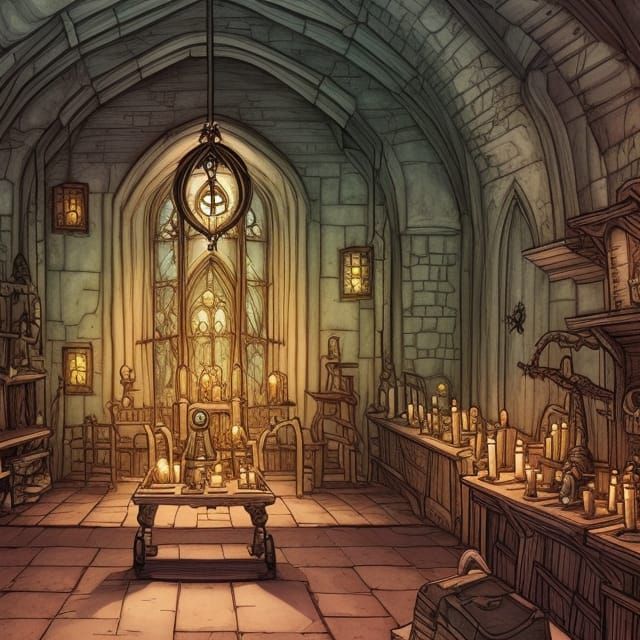 Eerie Cathedral Hall with Candlelight, Digital Concept Art