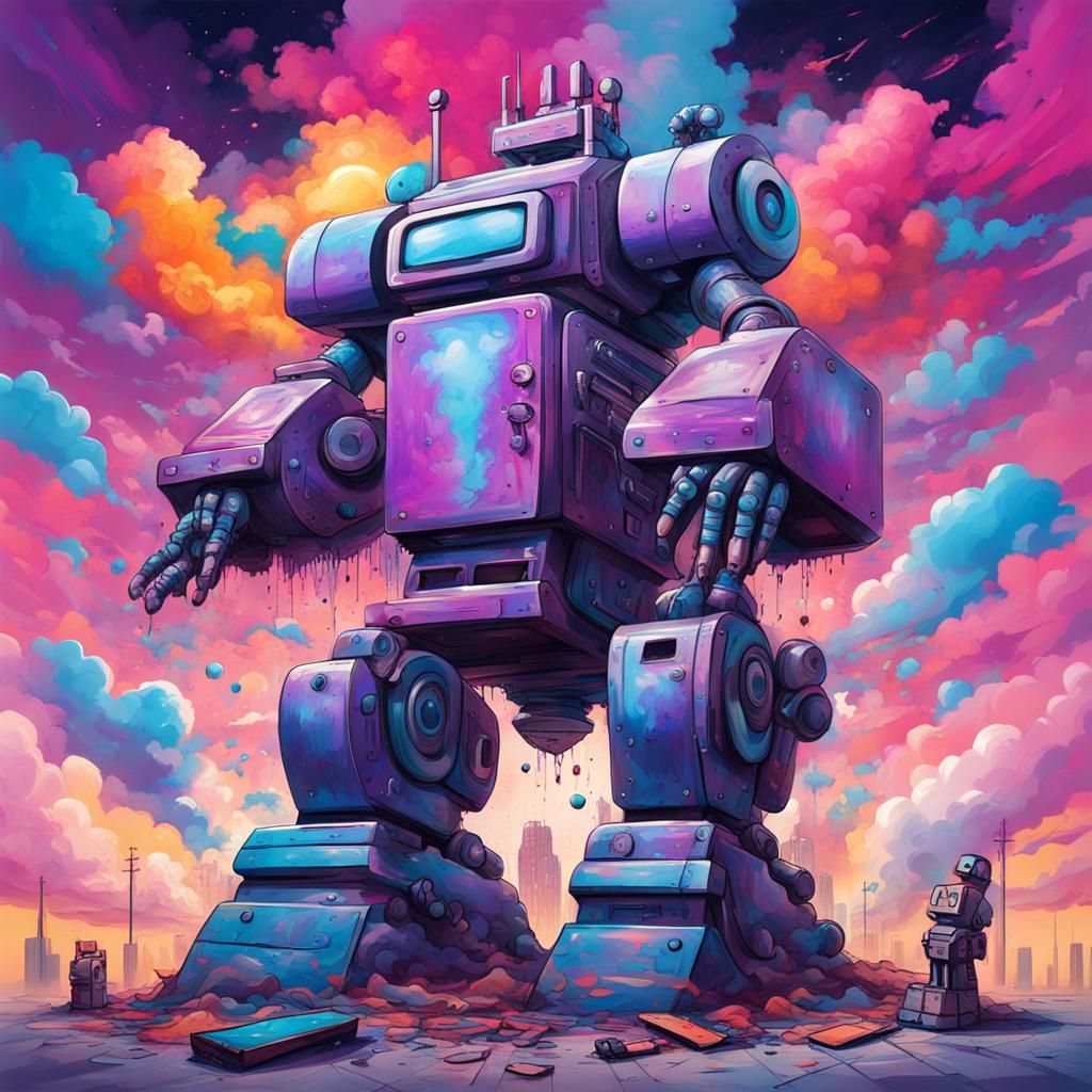 Robot Celebrates Victory on Stage in Graffiti Art Style
