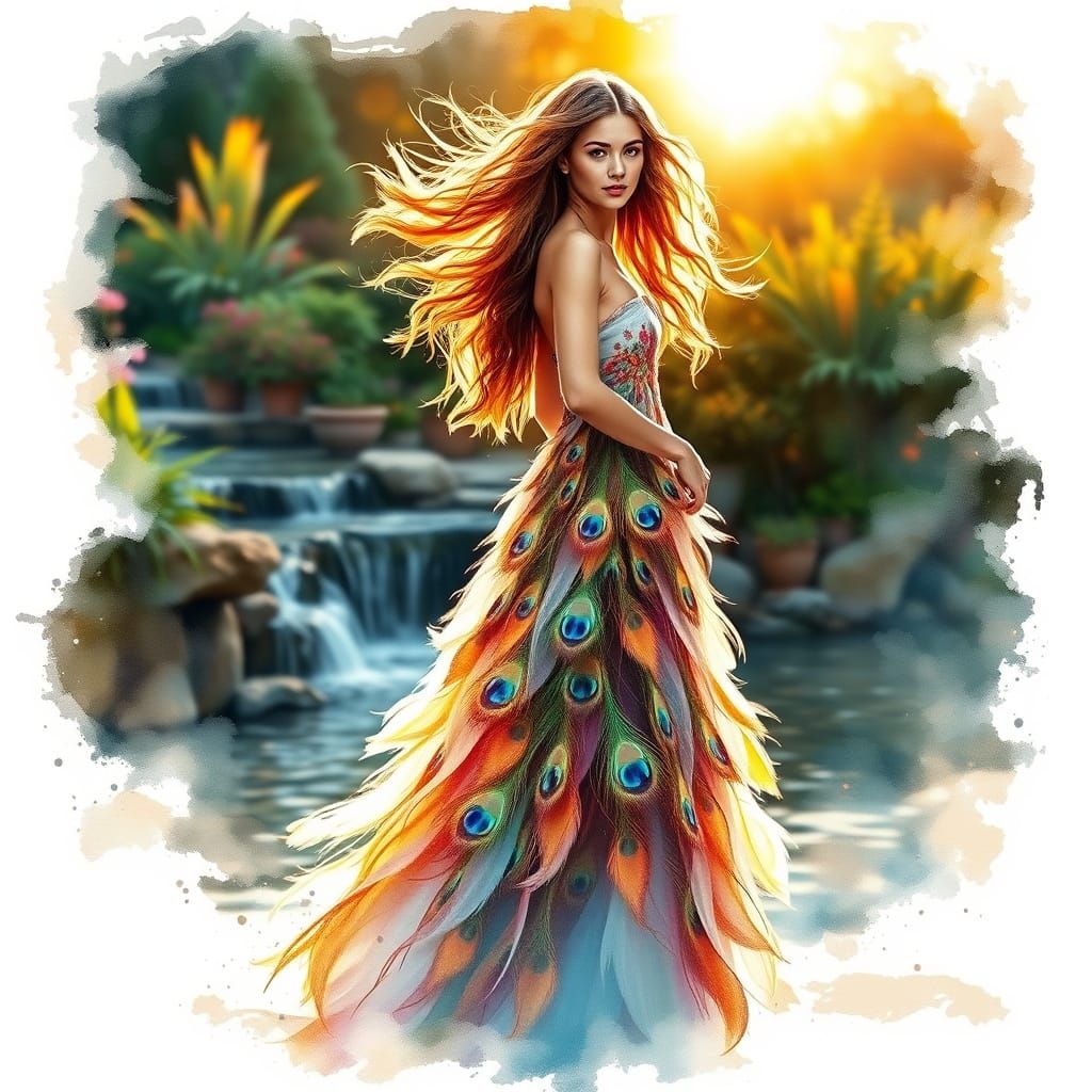 Woman in Peacock Feather Gown at Sunset