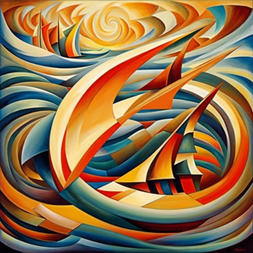 Flying Ship Above Ocean in Abstract Cubism Style