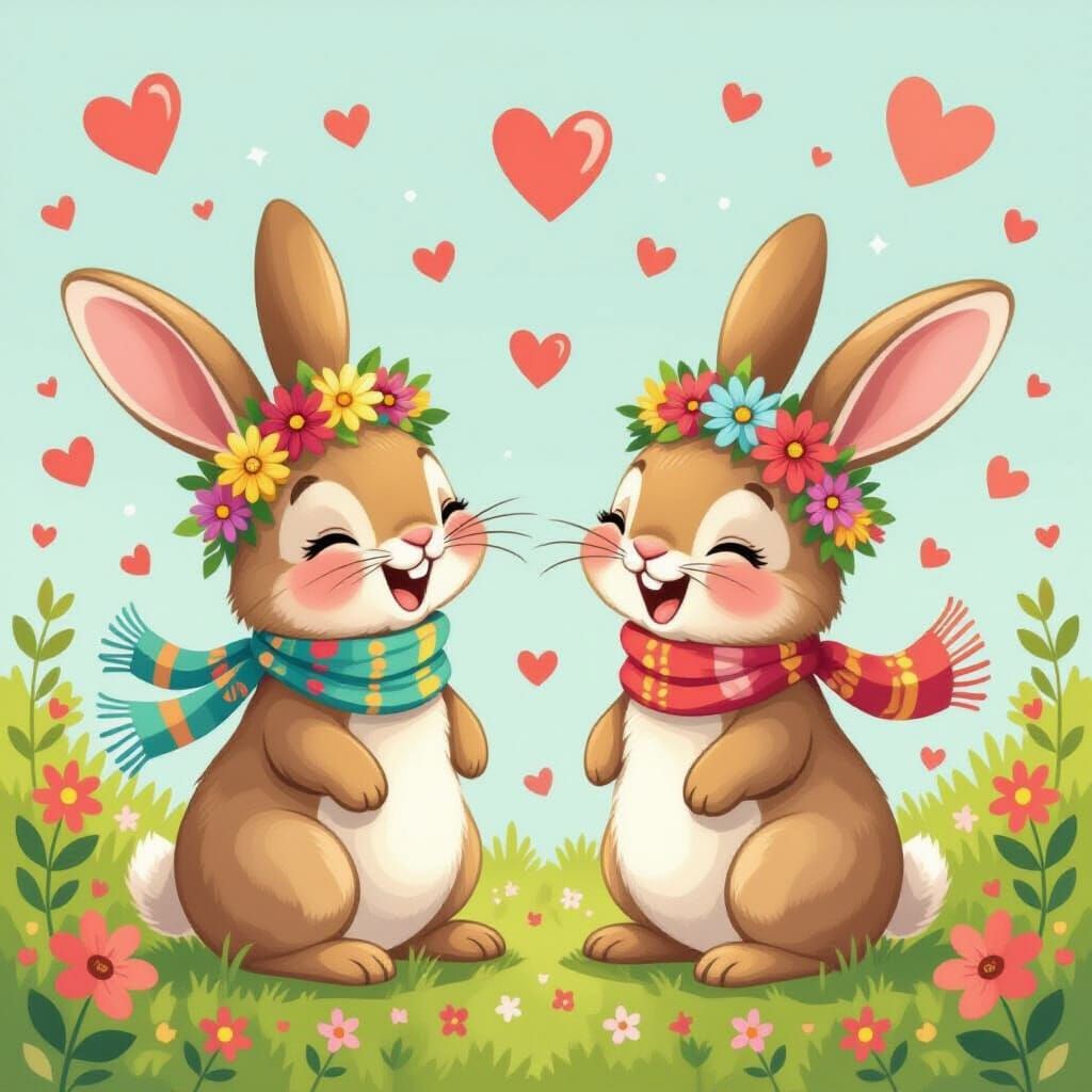 Laughing Bunnies with Flower Crowns, Whimsical Art