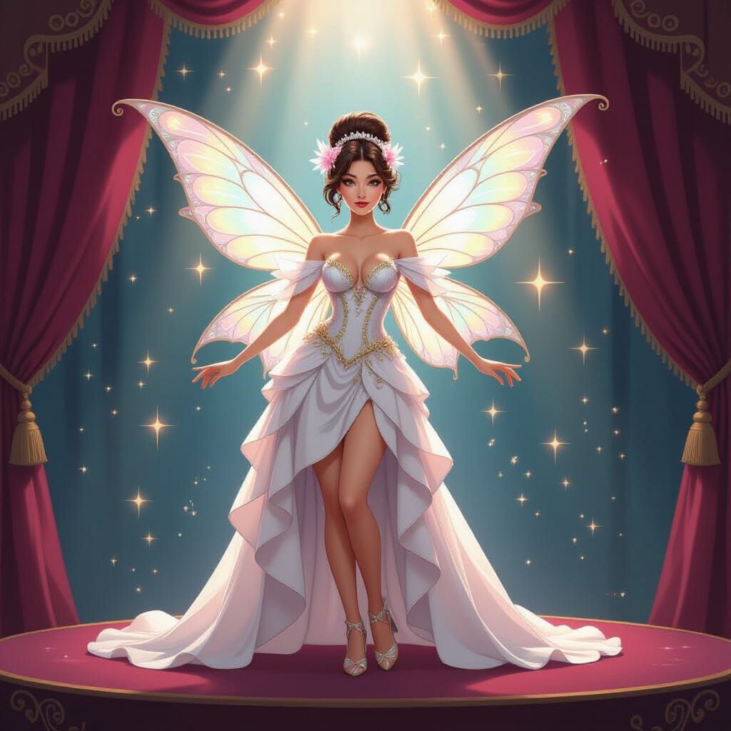 Fairy Showgirl in Lavish Costume on Velvet Stage