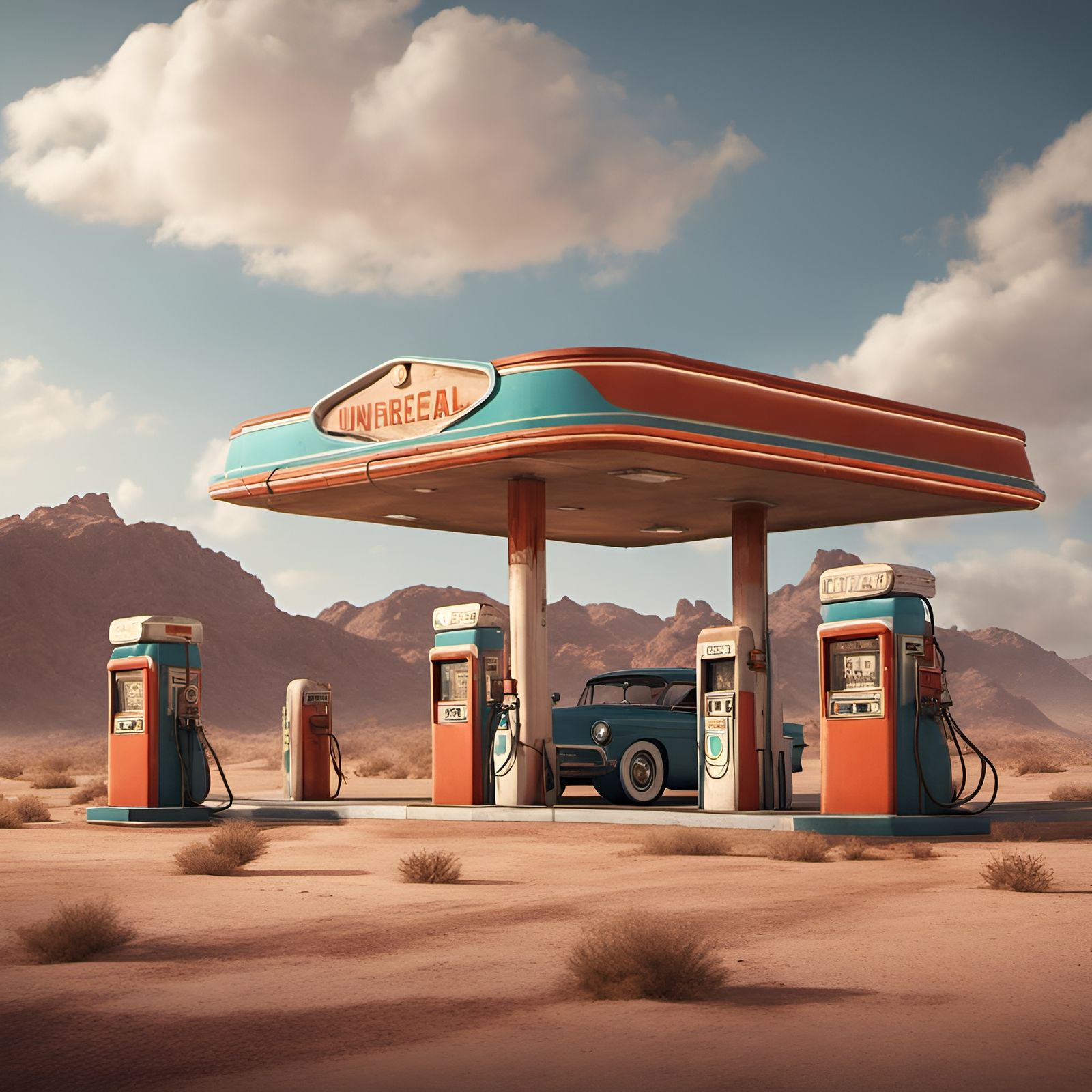 Retro Gas Station on Desert Land: Matte Painting