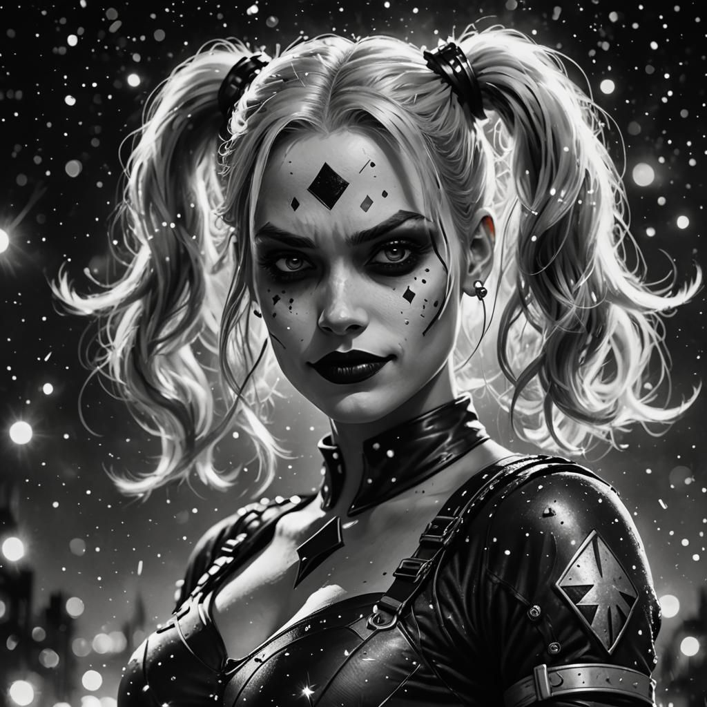 Magical Harley Quinn Portrait in Black and White