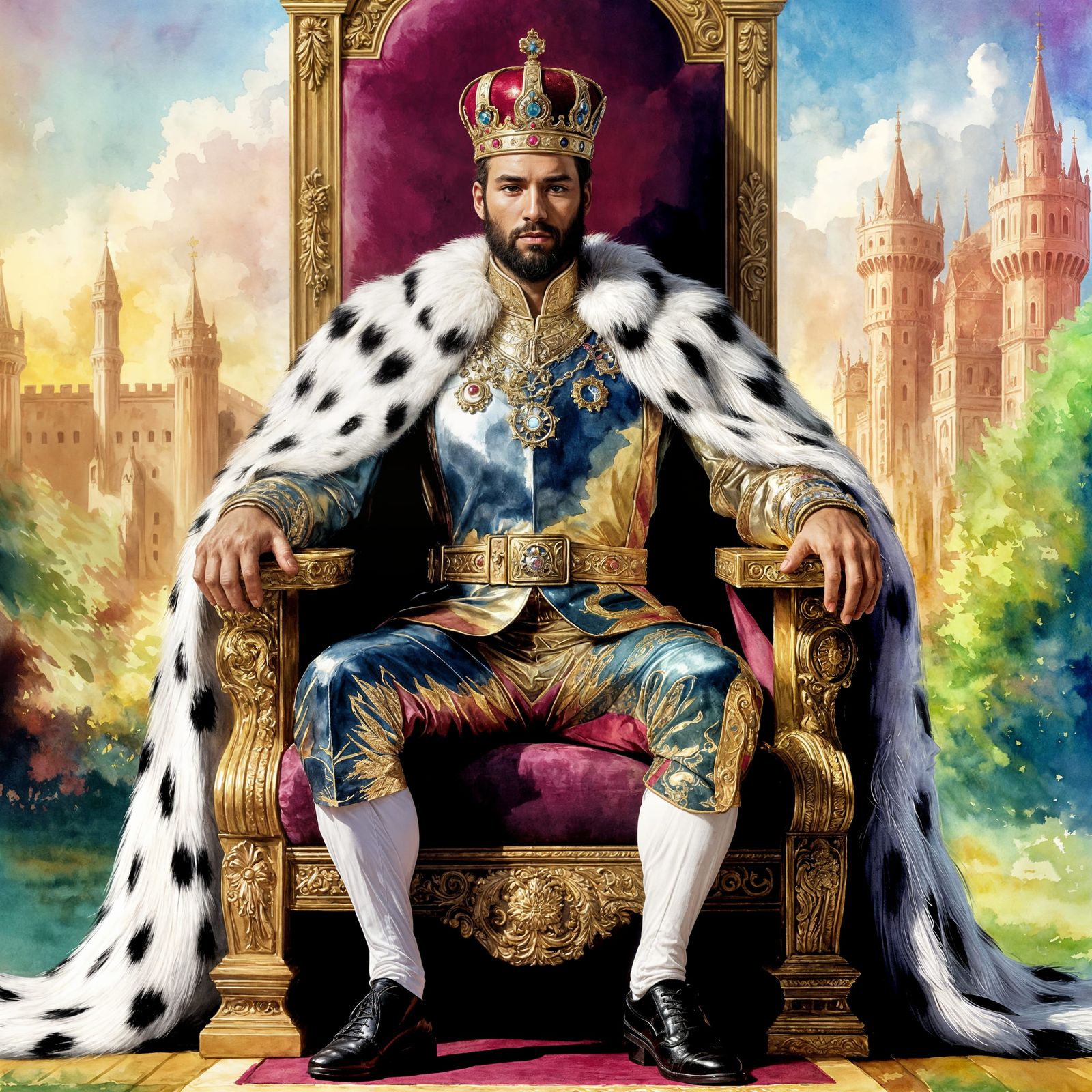 Portrait of a king on the throne, Watercolor, brush strokes,...